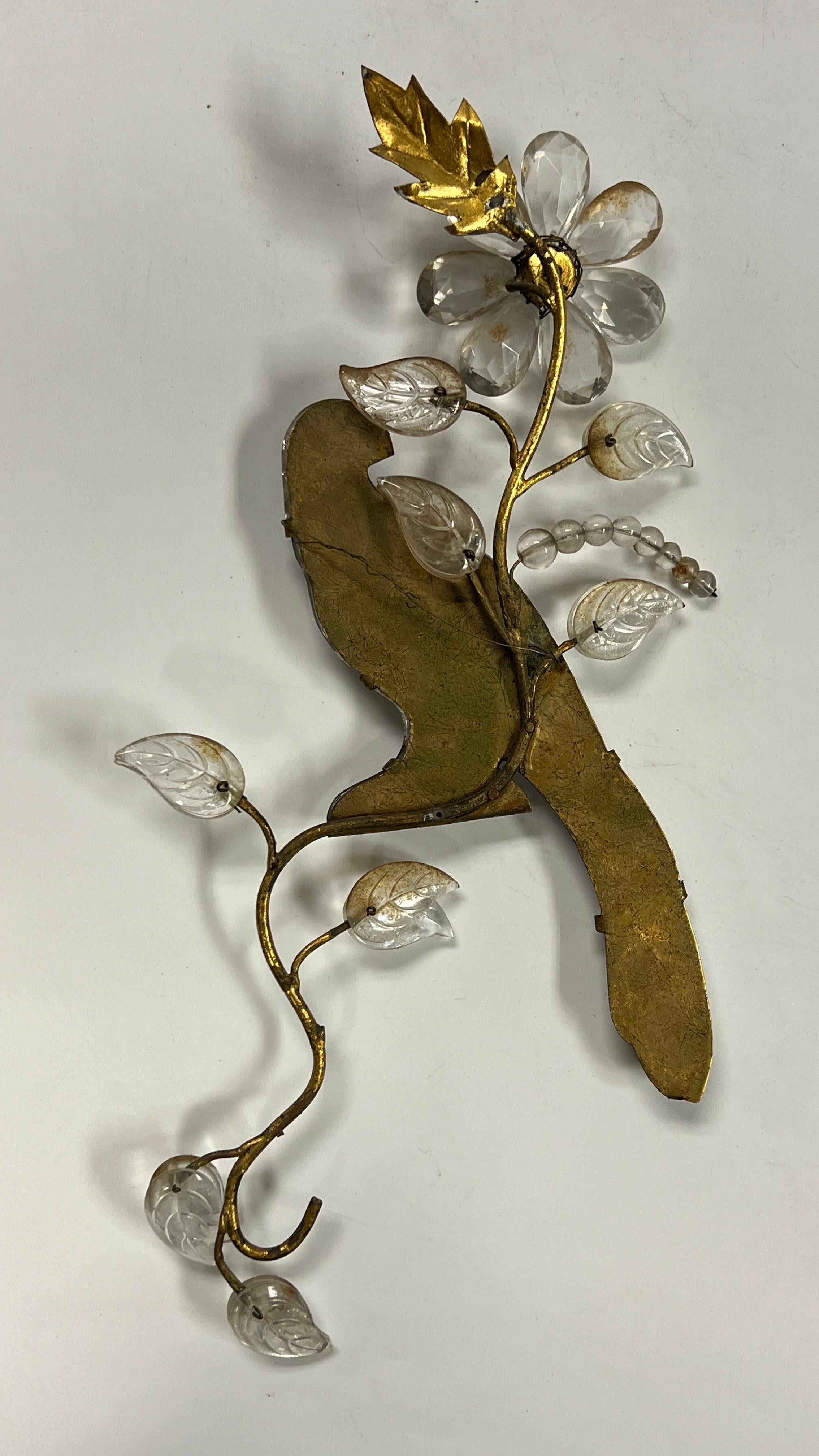 Pair French Gilt Metal Glass Parrot Wall Appliques Attributed to Maison Bagues 3