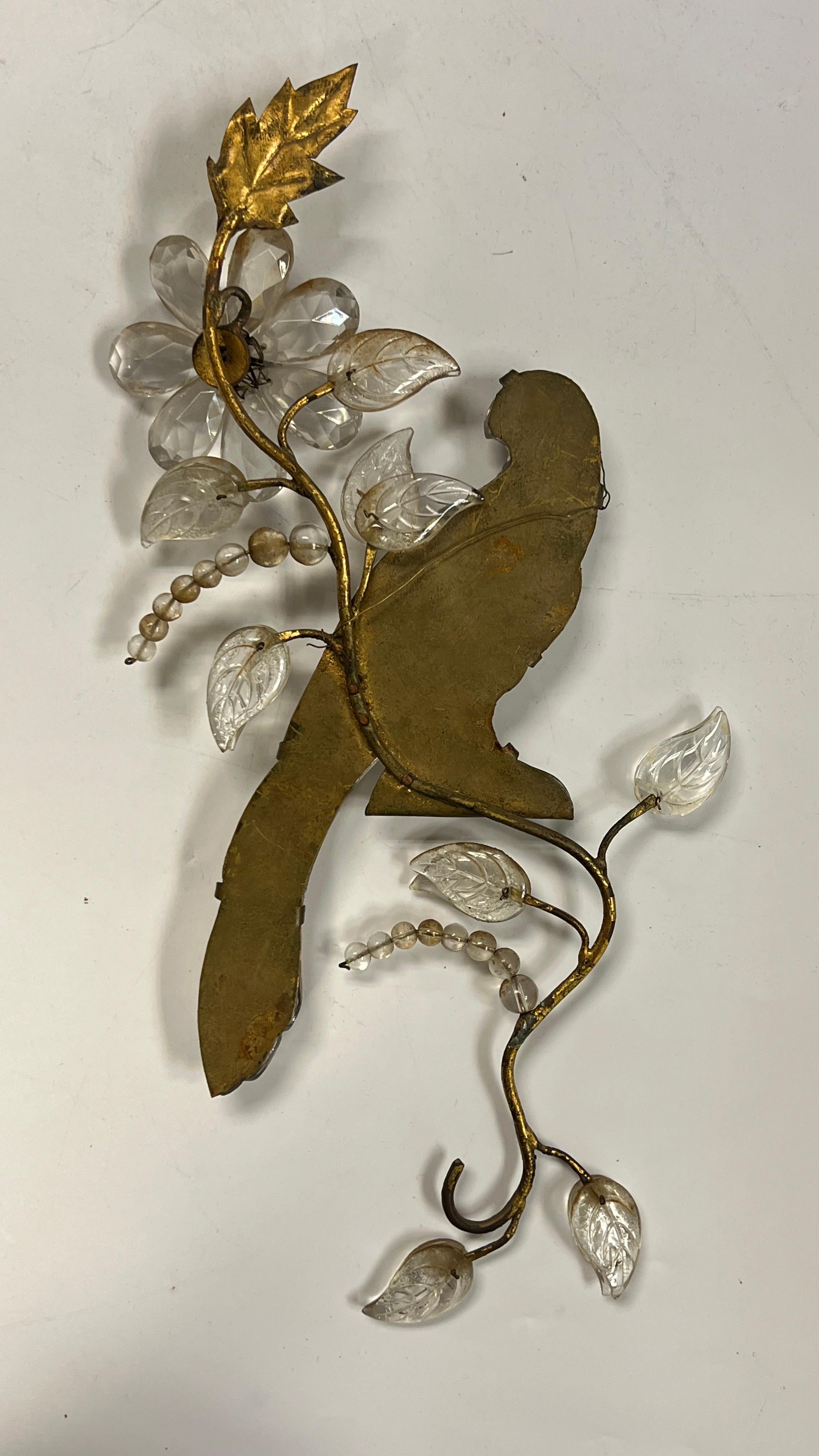 Pair French Gilt Metal Glass Parrot Wall Appliques Attributed to Maison Bagues 4