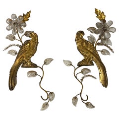 Pair French Gilt Metal Glass Parrot Wall Appliques Attributed to Maison Bagues
