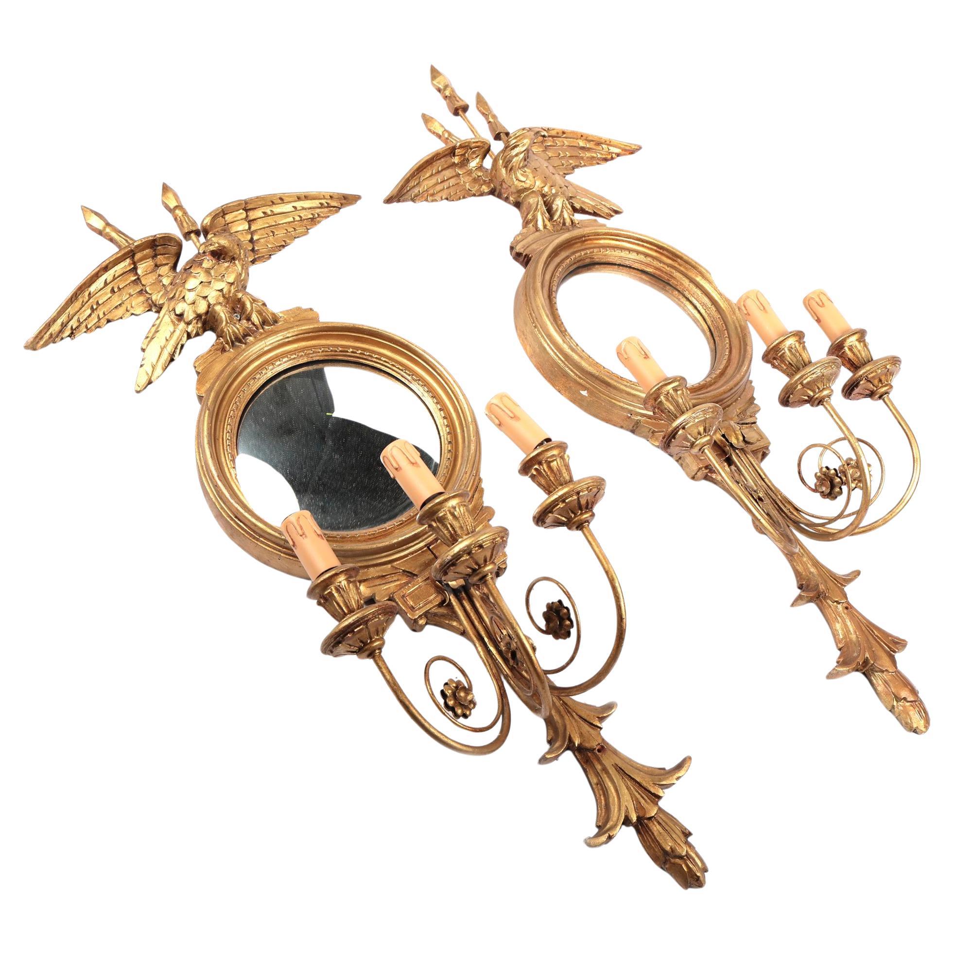 Pair French Gilt Mirrored Sconces Eagle Wall Lights Girandoles For Sale