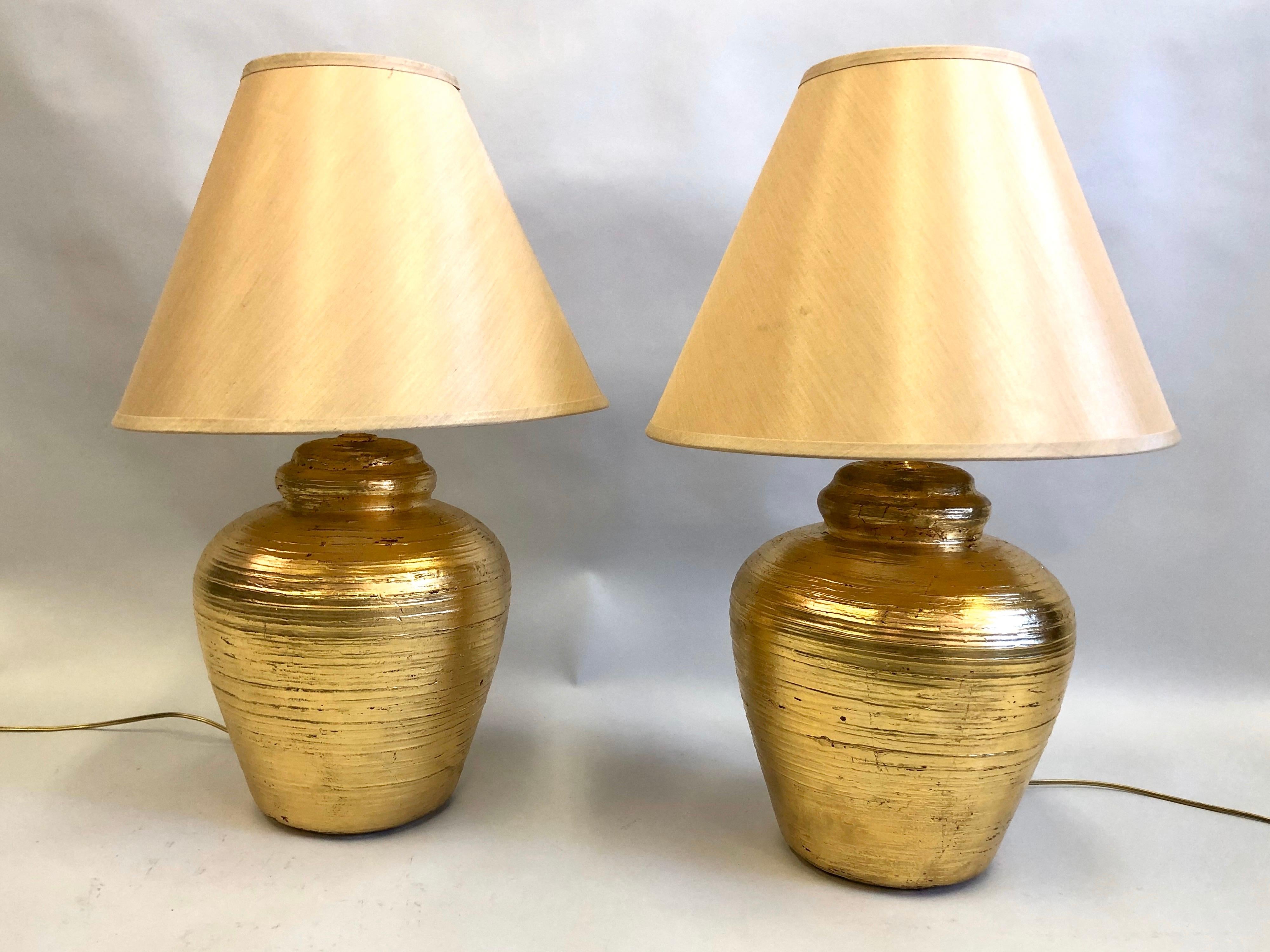 Mid-Century Modern Pair of French Gilt Terracotta Table Lamps, Giacometti for Jean-Michel Frank For Sale