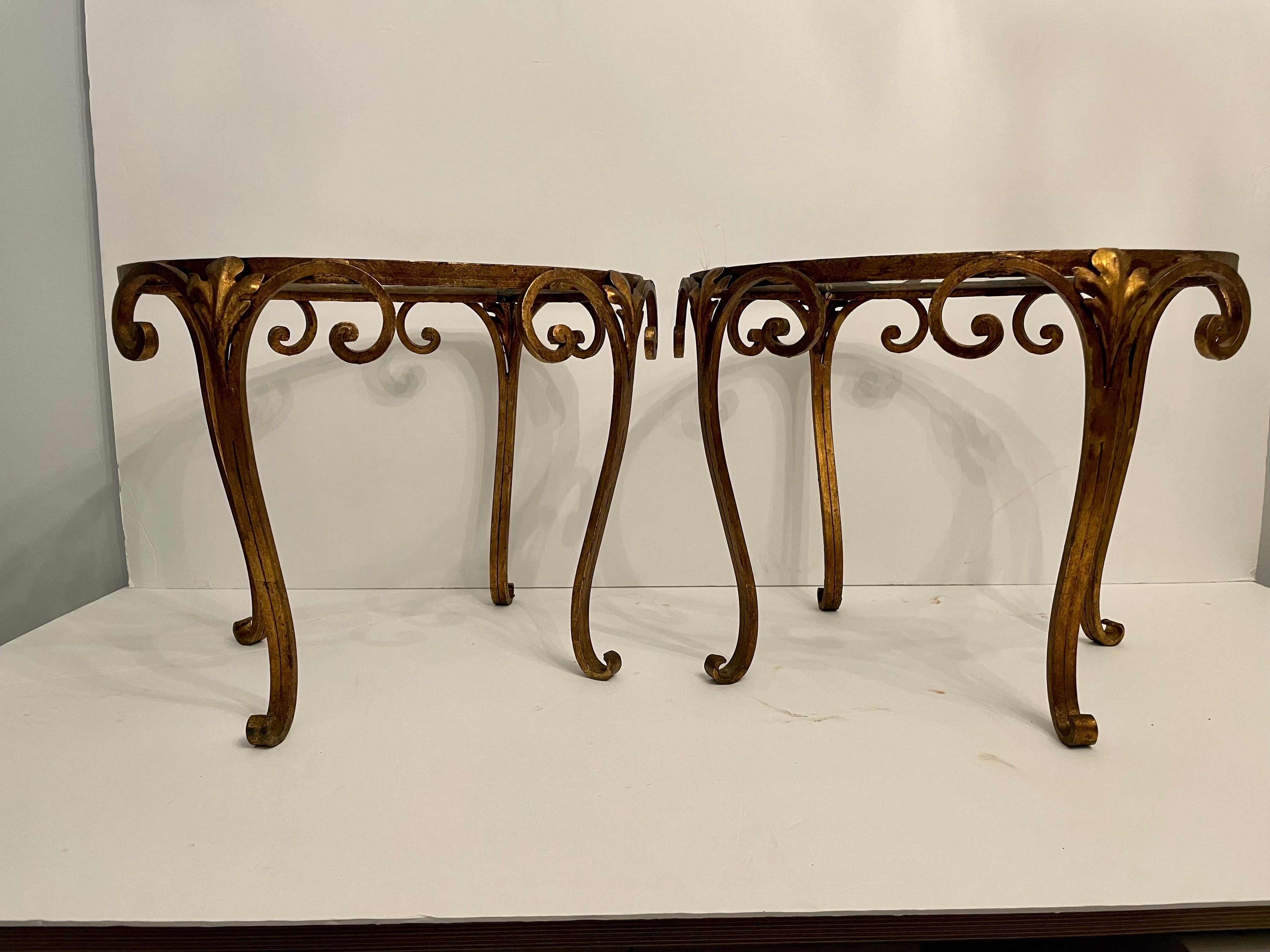 20th Century Pair French Gilt Wrought Iron and Glass Side Tables For Sale