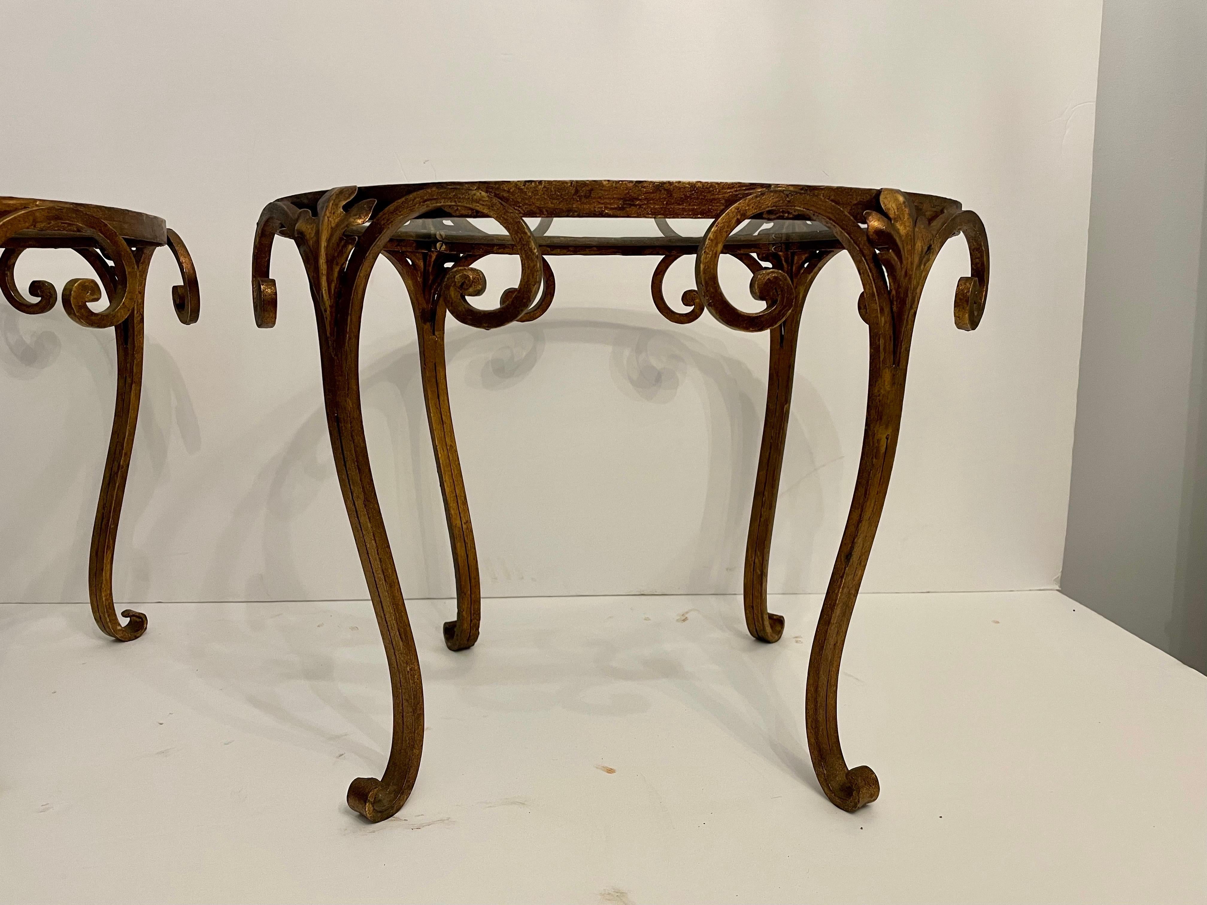 Pair French Gilt Wrought Iron and Glass Side Tables For Sale 1