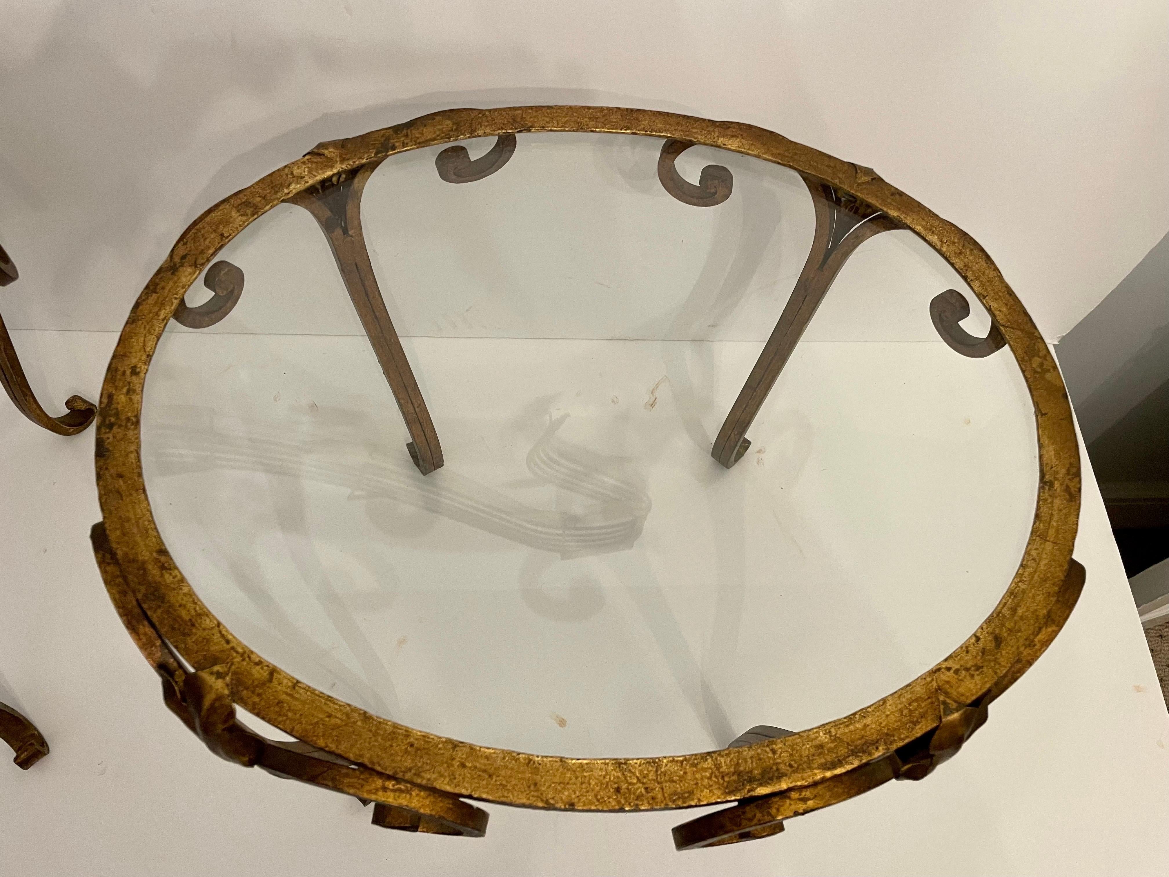 Pair French Gilt Wrought Iron and Glass Side Tables For Sale 4