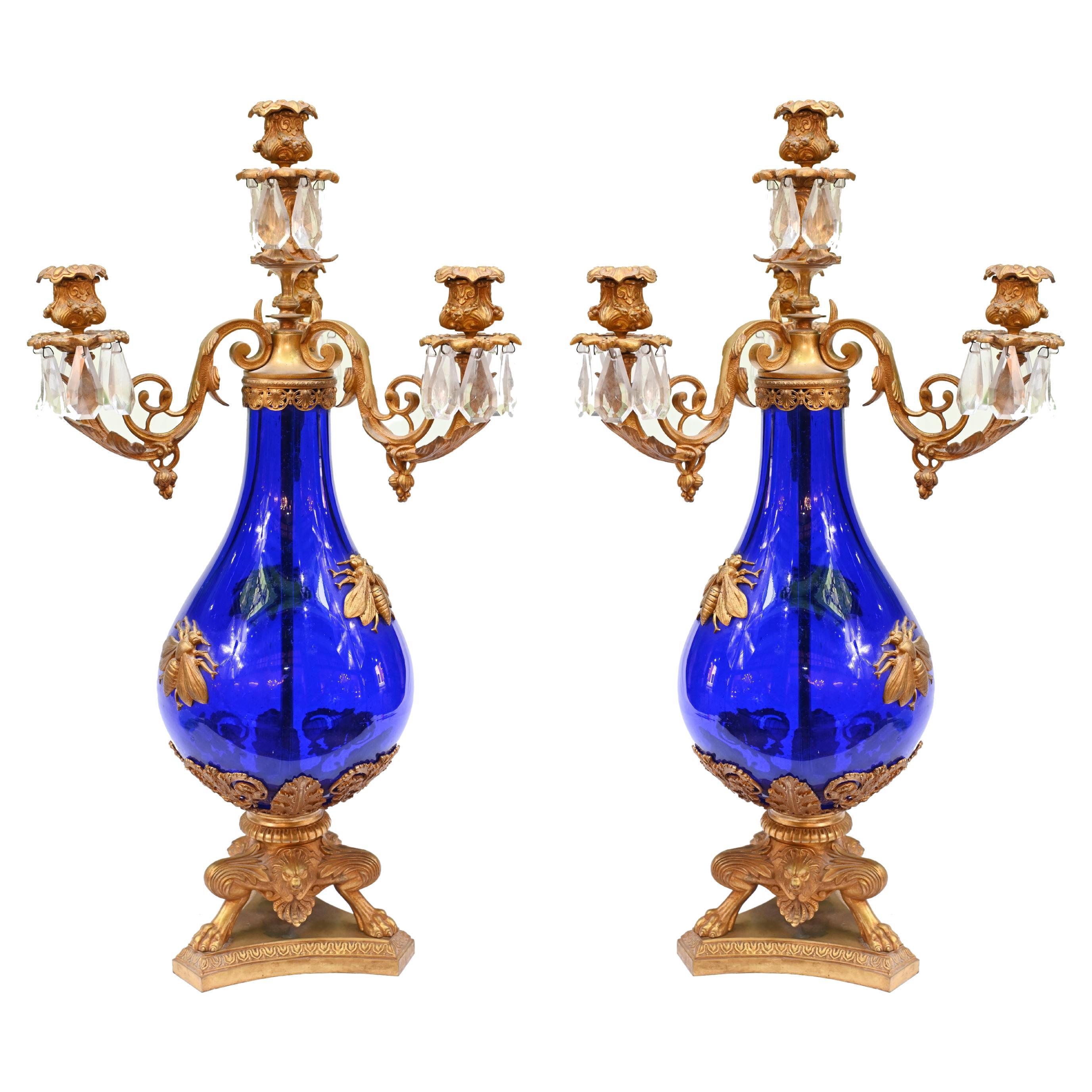 Pair French Glass Candelabras Gilt Mounts Empire 1870 For Sale