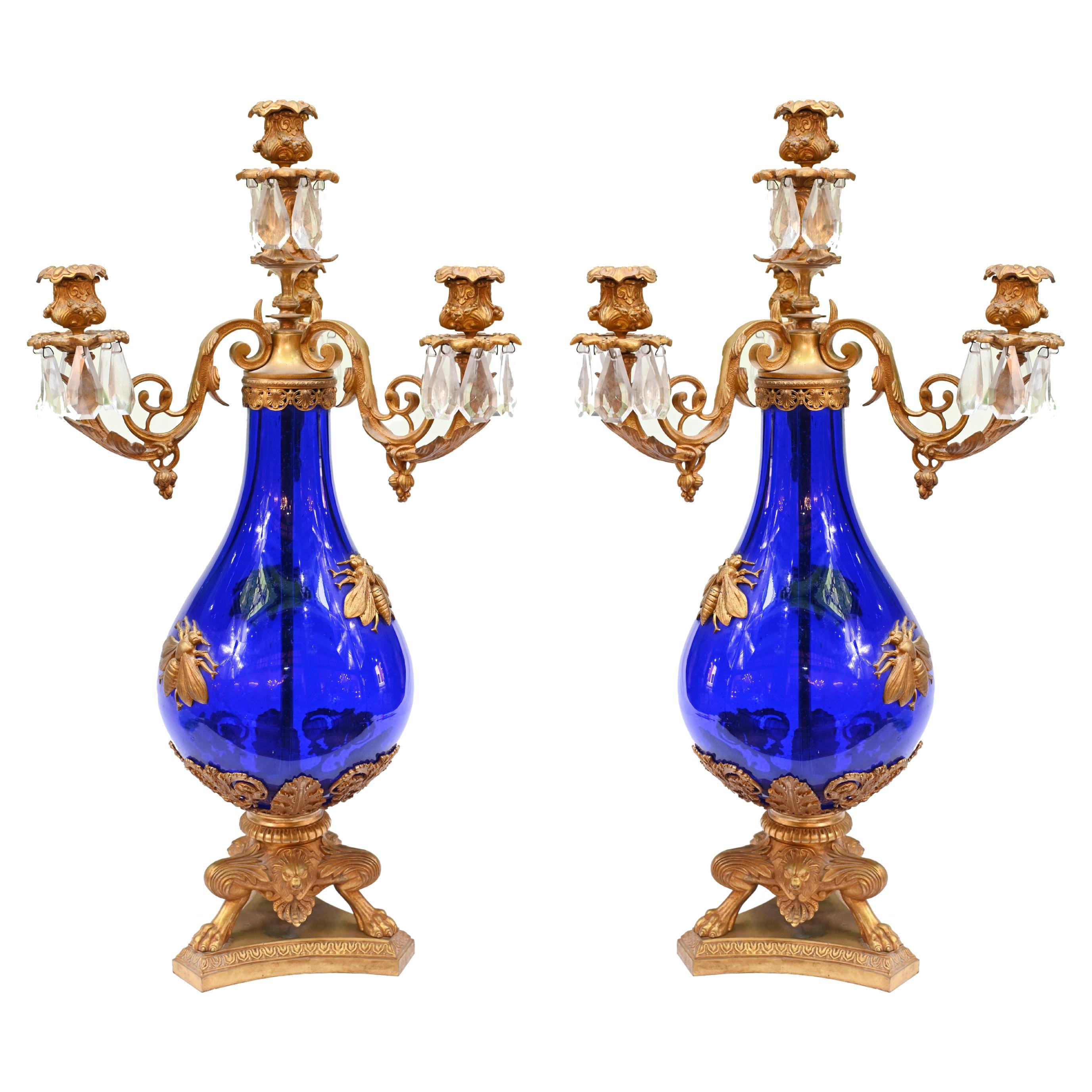 Pair French Glass Candelabras Gilt Mounts Empire 1870