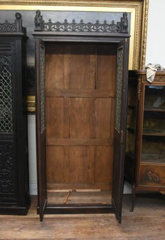 Pair French Gothic Cabinets Carved Oak Armoire Closet 1880