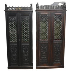 Pair French Gothic Cabinets Carved Oak Armoire Closet 1880