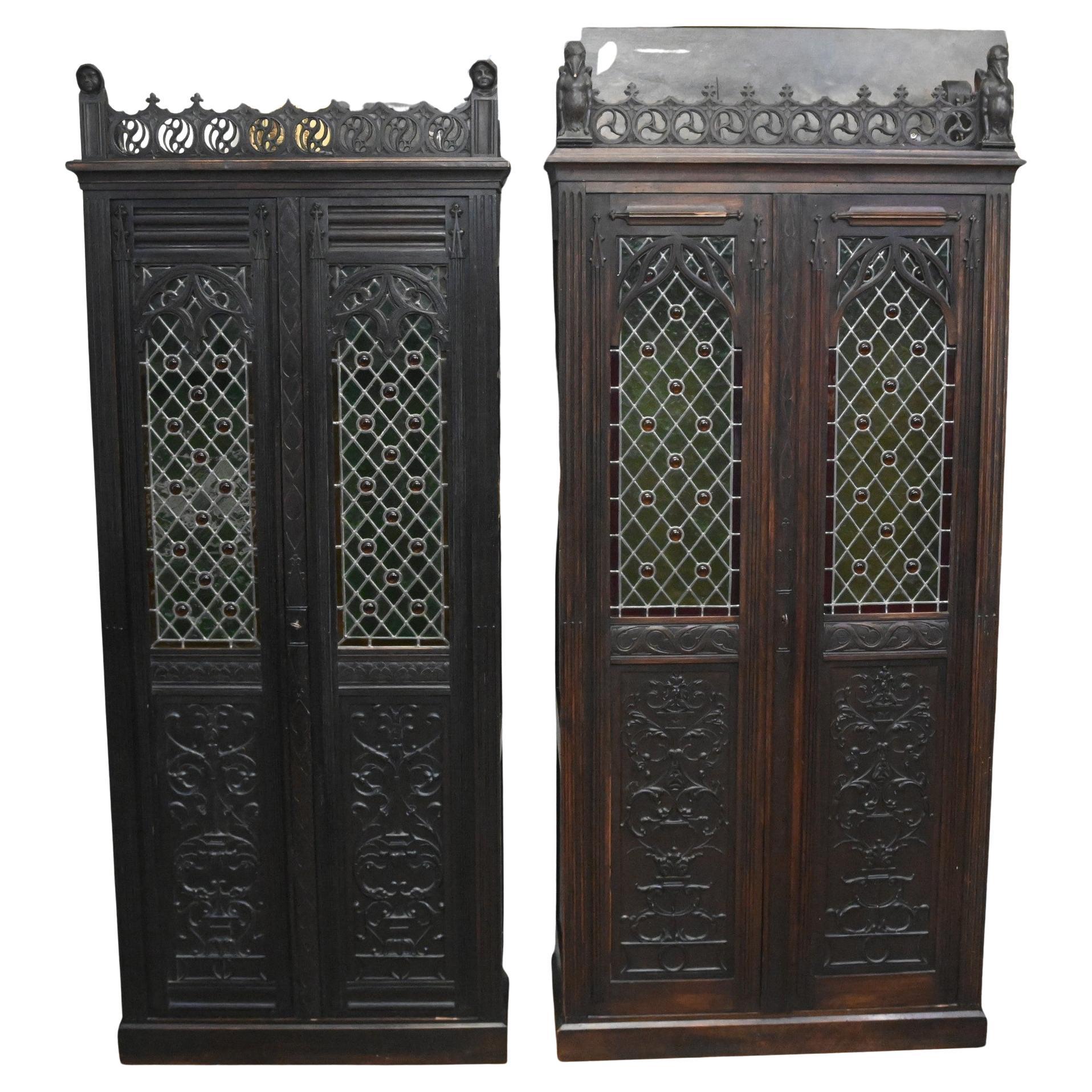 Pair French Gothic Marriage Cabinets Carved Oak Armoire Closet 1880