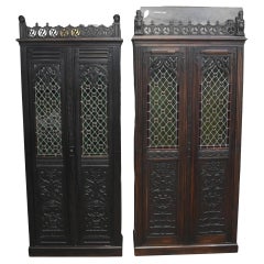 Pair French Gothic Marriage Cabinets Carved Oak Armoire Closet 1880