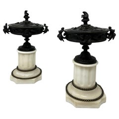 Pair French Grand Tour Ormolu Bronze Dore Statutory Marble Tazza Urns Vases 19Ct