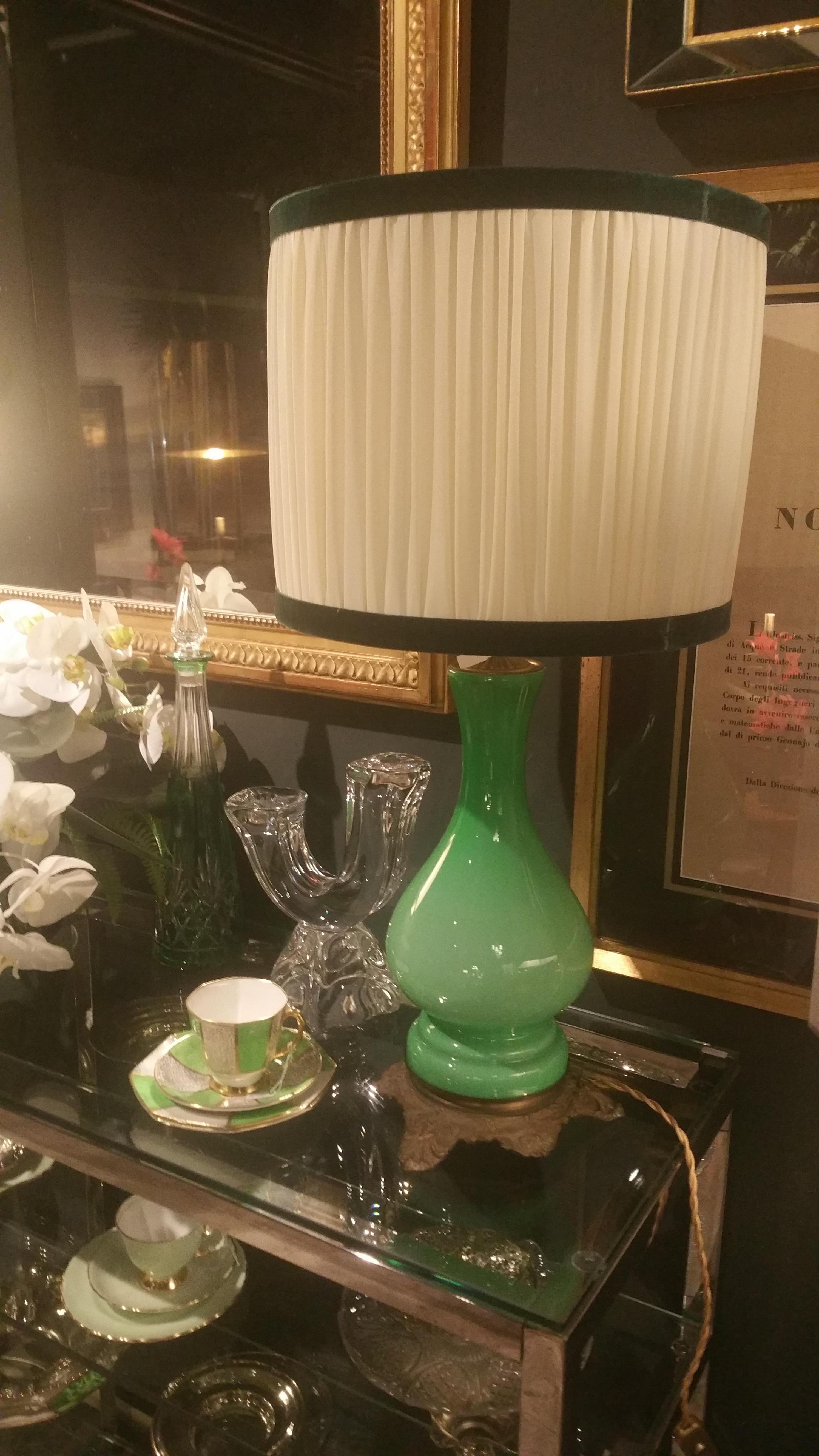 Napoleon III French Pair of Green Opaline Glass and Brass Base Lamps 1850 1