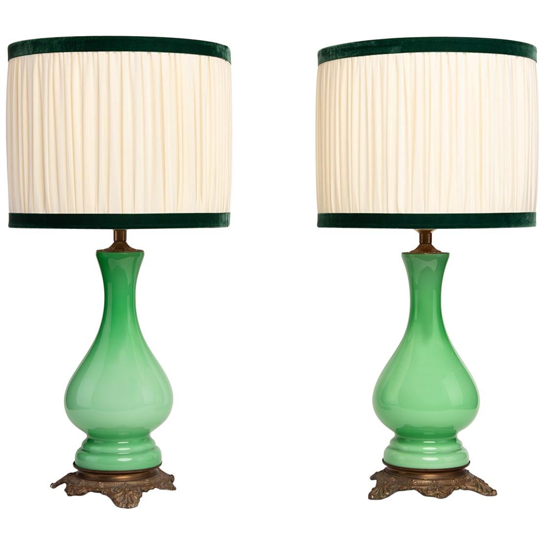 Napoleon III French Pair of Green Opaline Glass and Brass Base Lamps 1850