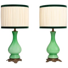 Napoleon III French Pair of Green Opaline Glass and Brass Base Lamps 1850