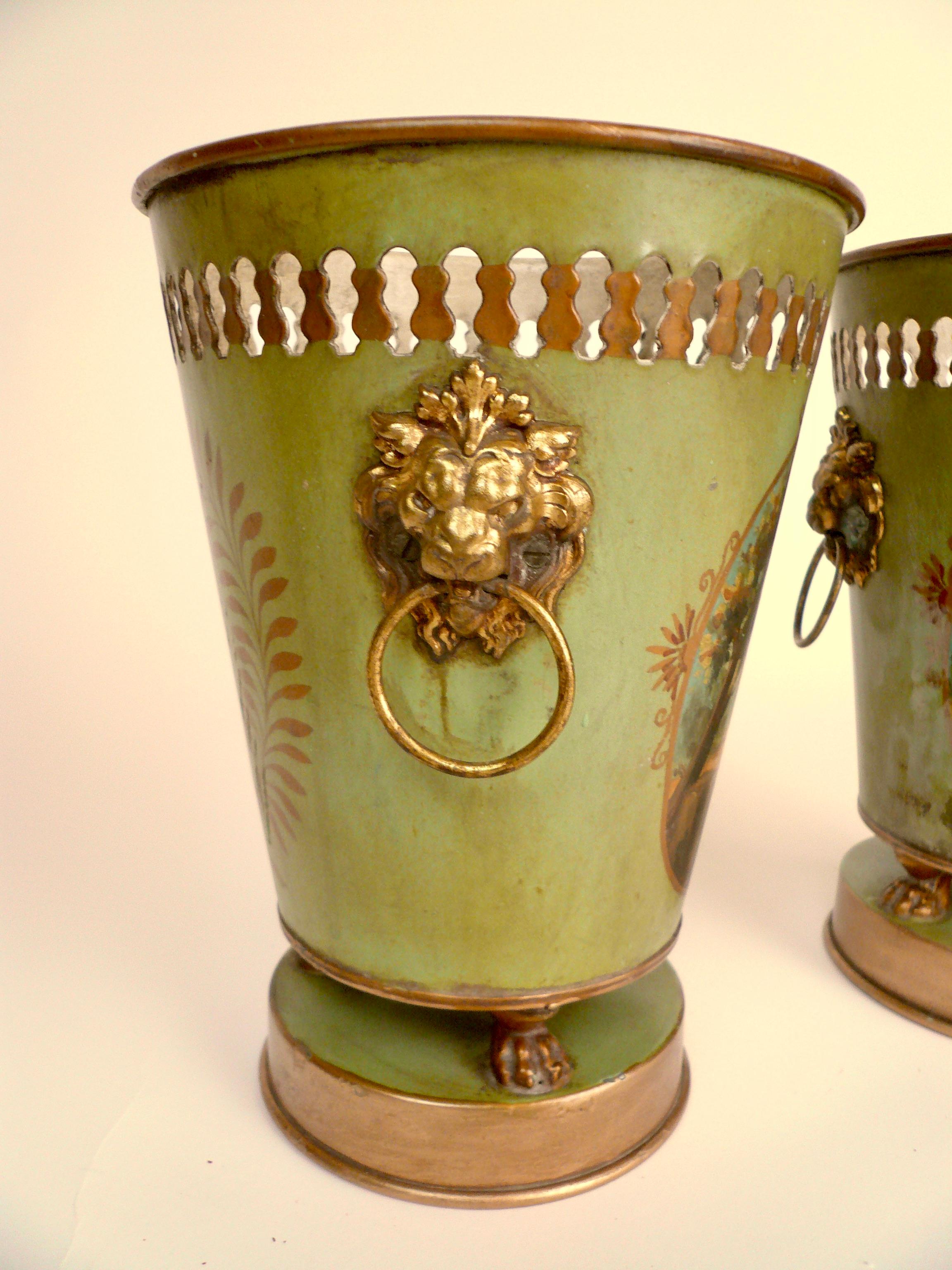 Neoclassical Pair French Green Painted Tole Cachepots or Platnern For Sale