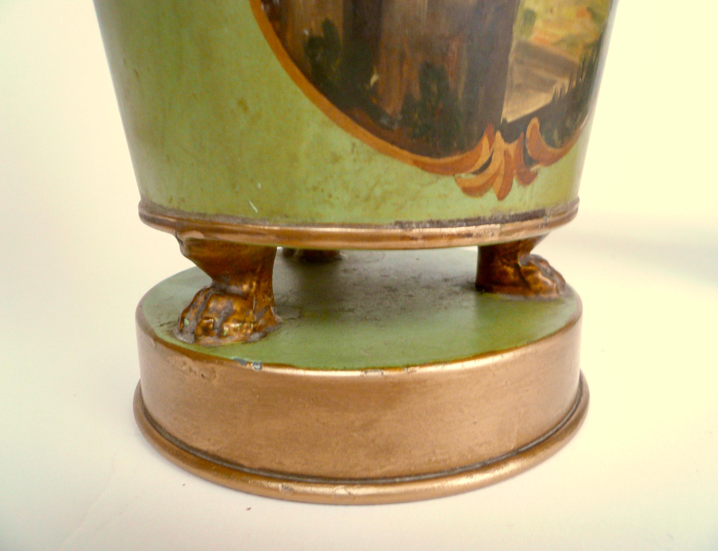 Hand-Painted Pair French Green Painted Tole Cachepots or Platnern For Sale