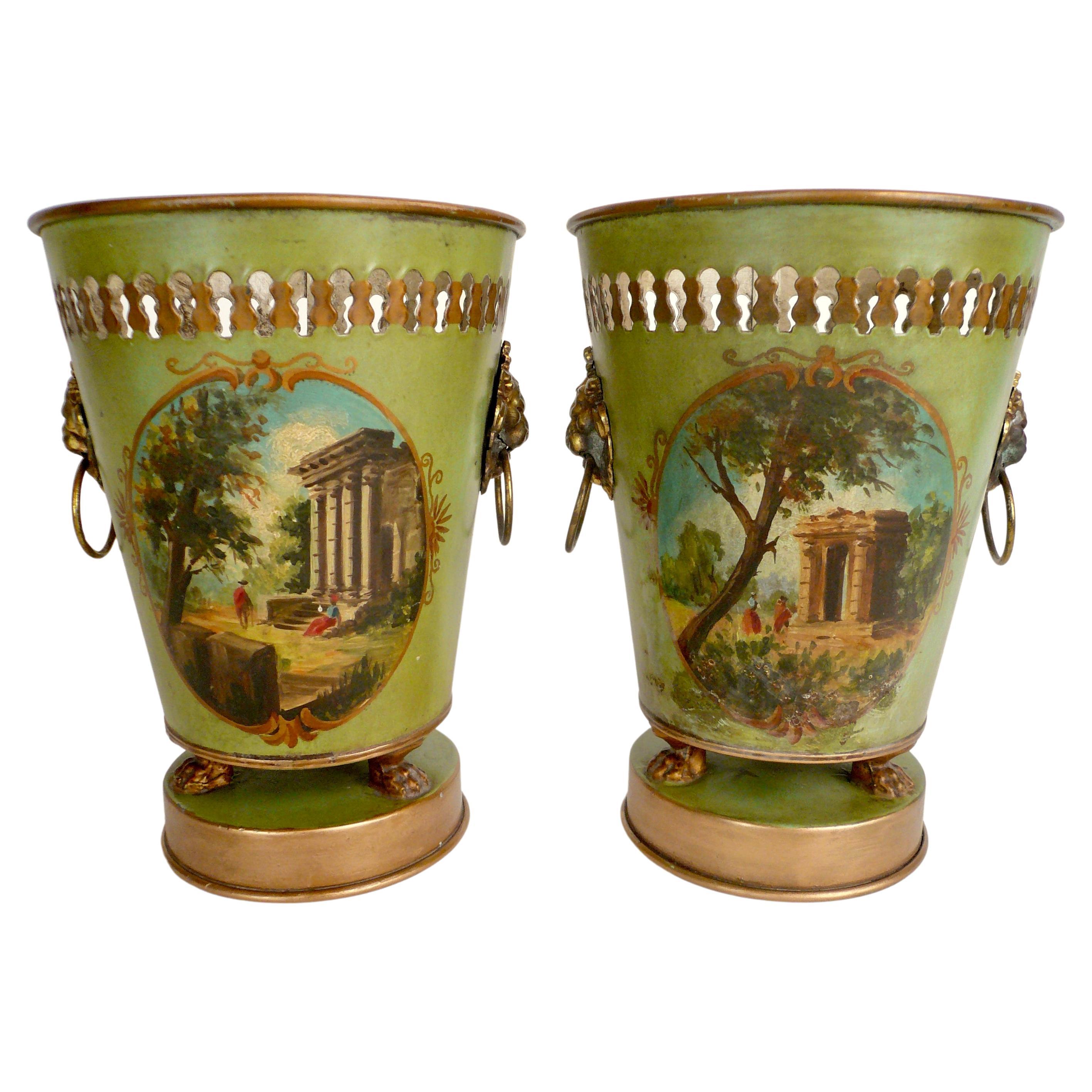 Pair French Green Painted Tole Cachepots or Platnern For Sale