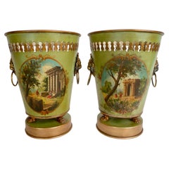 Used Pair French Green Painted Tole Cachepots or Platnern