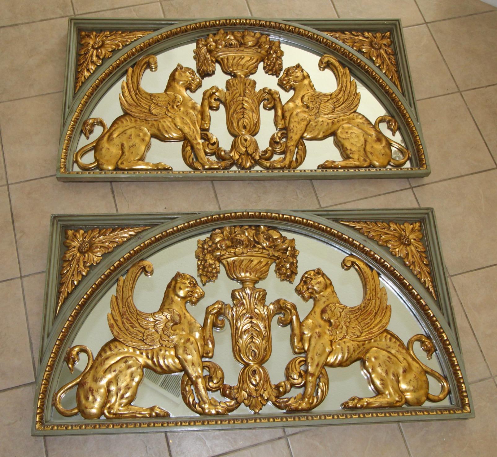 Pair French Griffin Lion Architectural Giltwood Boiserie Panels In Fair Condition For Sale In Palm Springs, CA