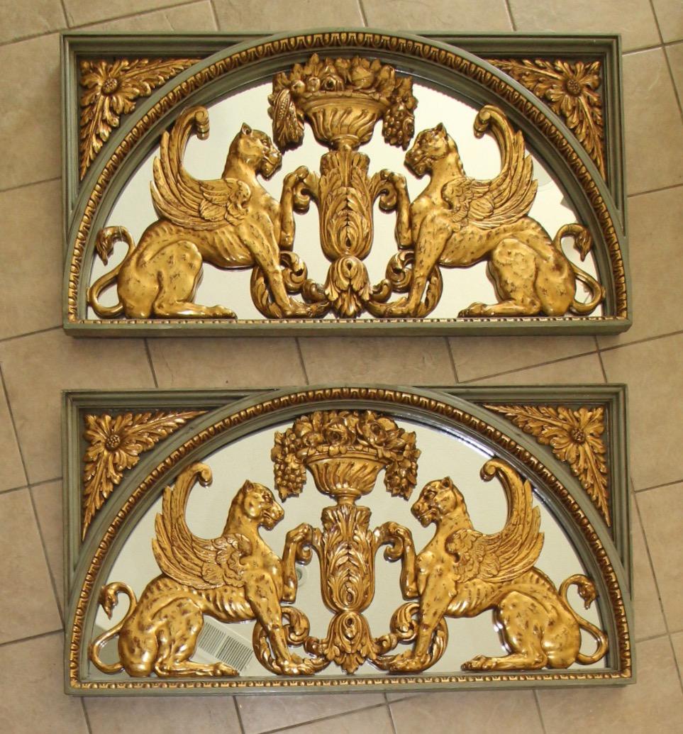 Mid-19th Century Pair French Griffin Lion Architectural Giltwood Boiserie Panels For Sale