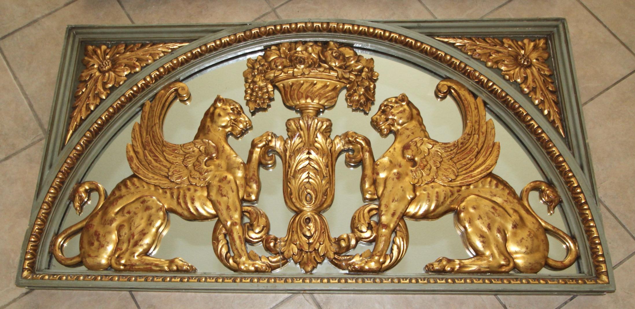 Gesso Pair French Griffin Lion Architectural Giltwood Boiserie Panels For Sale