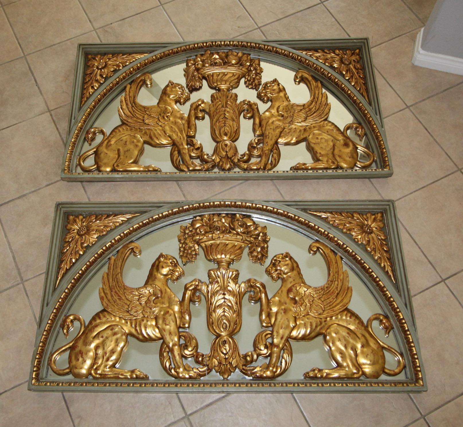Pair French Griffin Lion Architectural Giltwood Boiserie Panels For Sale 1