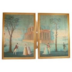Pair French Hand Blocked and Gouache Framed Wallpaper Panels, Att. to Dufour