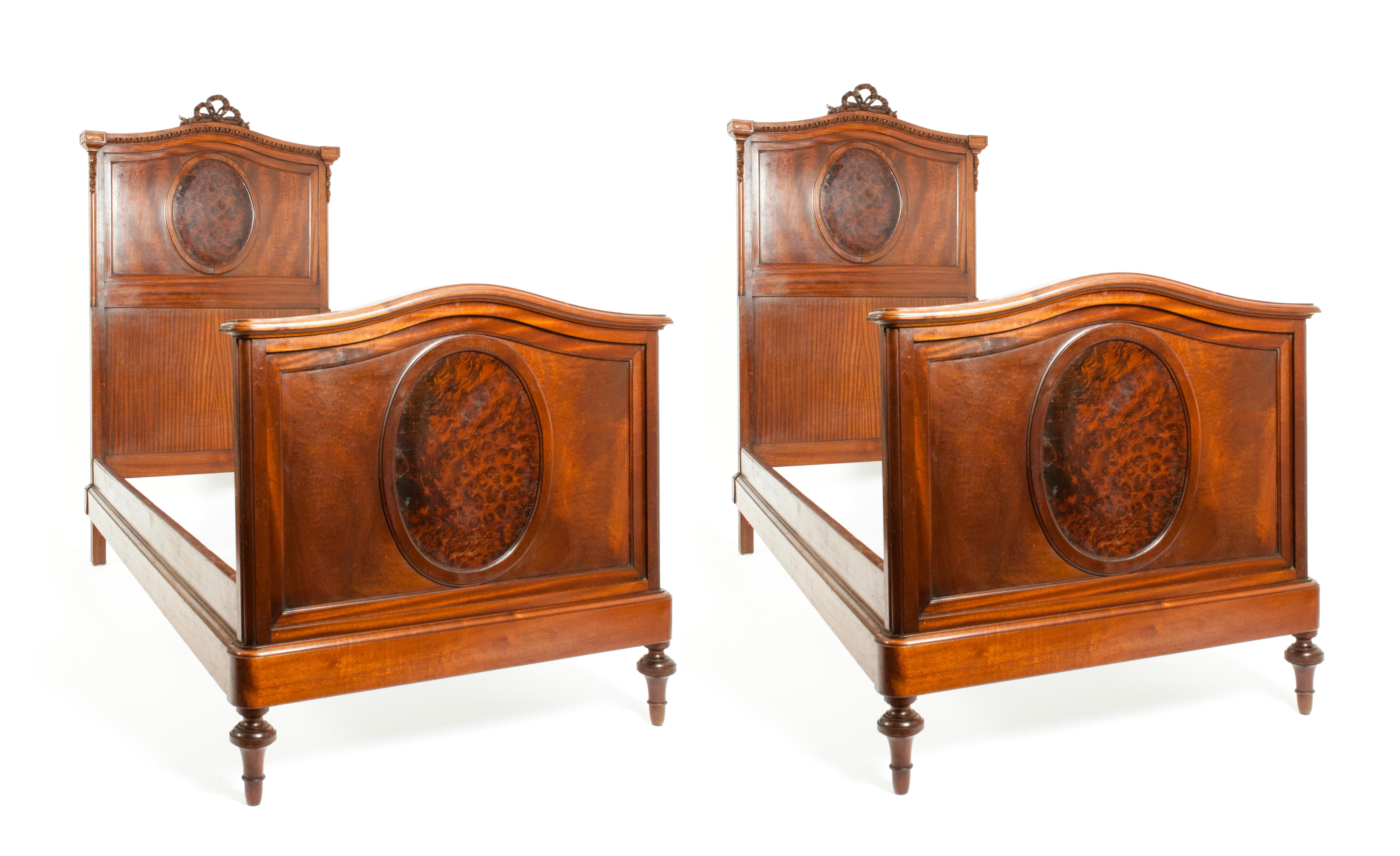 Pair of French Hand Carved Walnut / Burl Walnut Single Bed 2