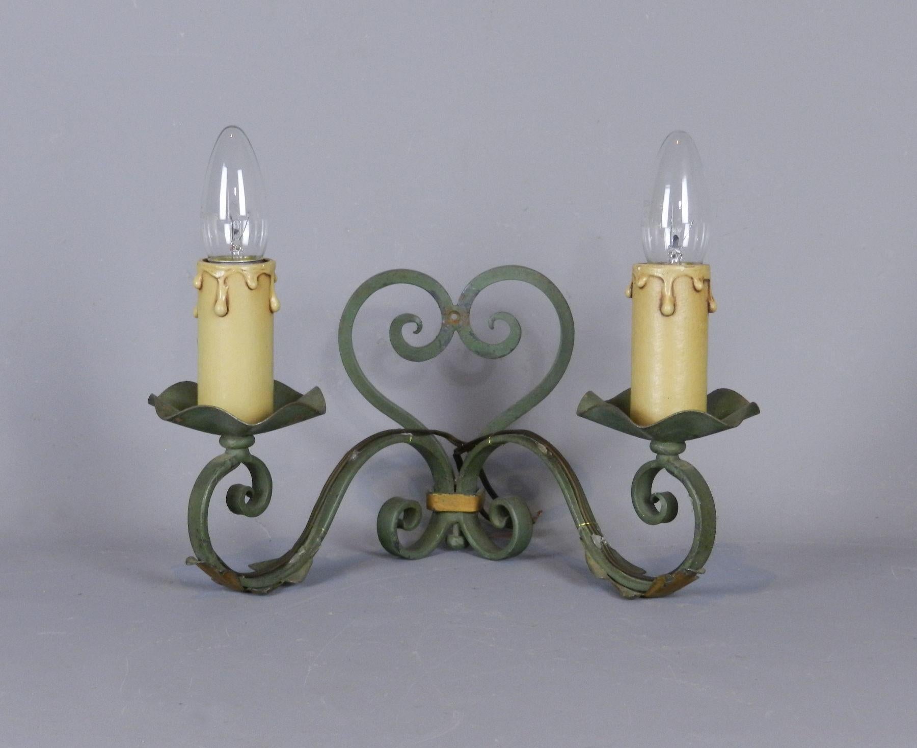 Hand-Painted Pair French Hand Forged Metal & Tole Wall Sconces