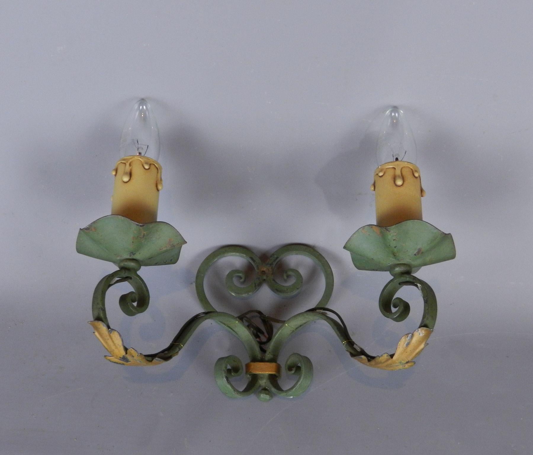 Pair French Hand Forged Metal & Tole Wall Sconces In Good Condition In SAINTE-COLOMBE, FR