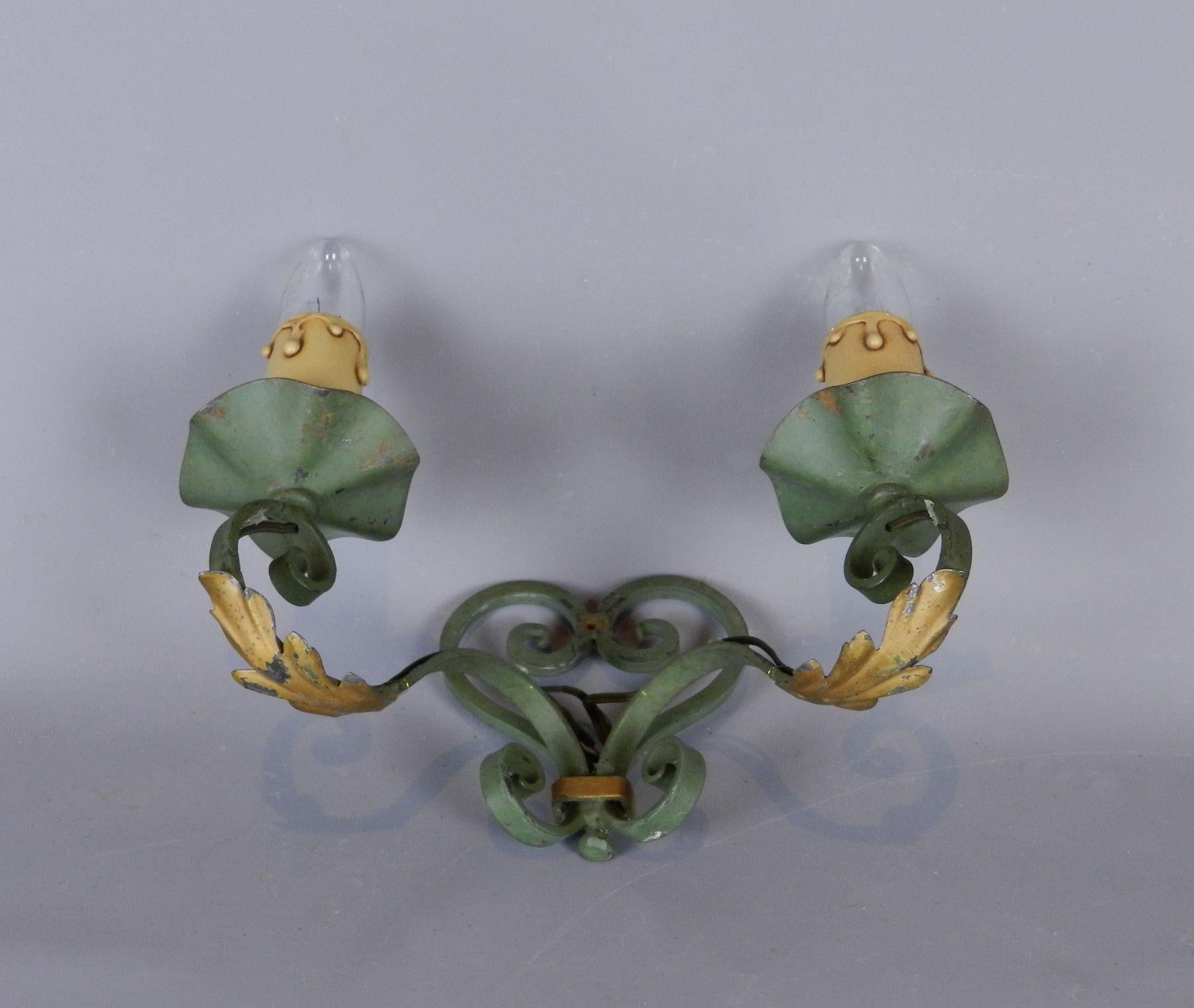 20th Century Pair French Hand Forged Metal & Tole Wall Sconces