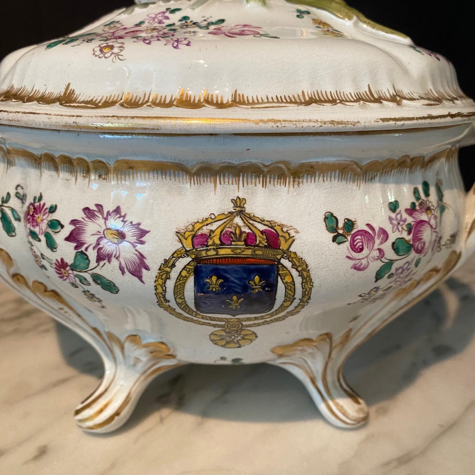 Pair French Hand Painted Faience Porcelain Soup Tureens with Coats of Arms For Sale 7