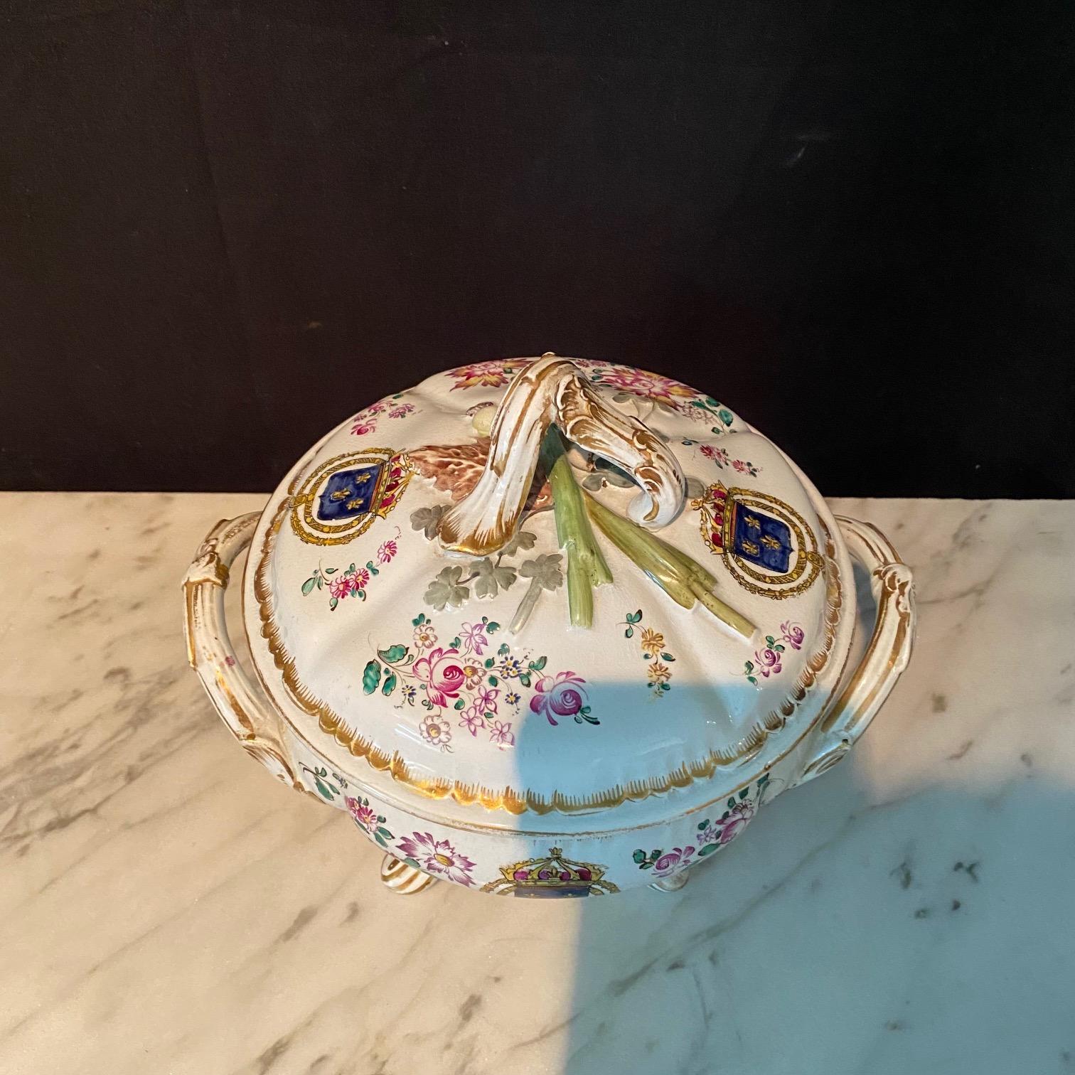 Early 19th Century Pair French Hand Painted Faience Porcelain Soup Tureens with Coats of Arms For Sale