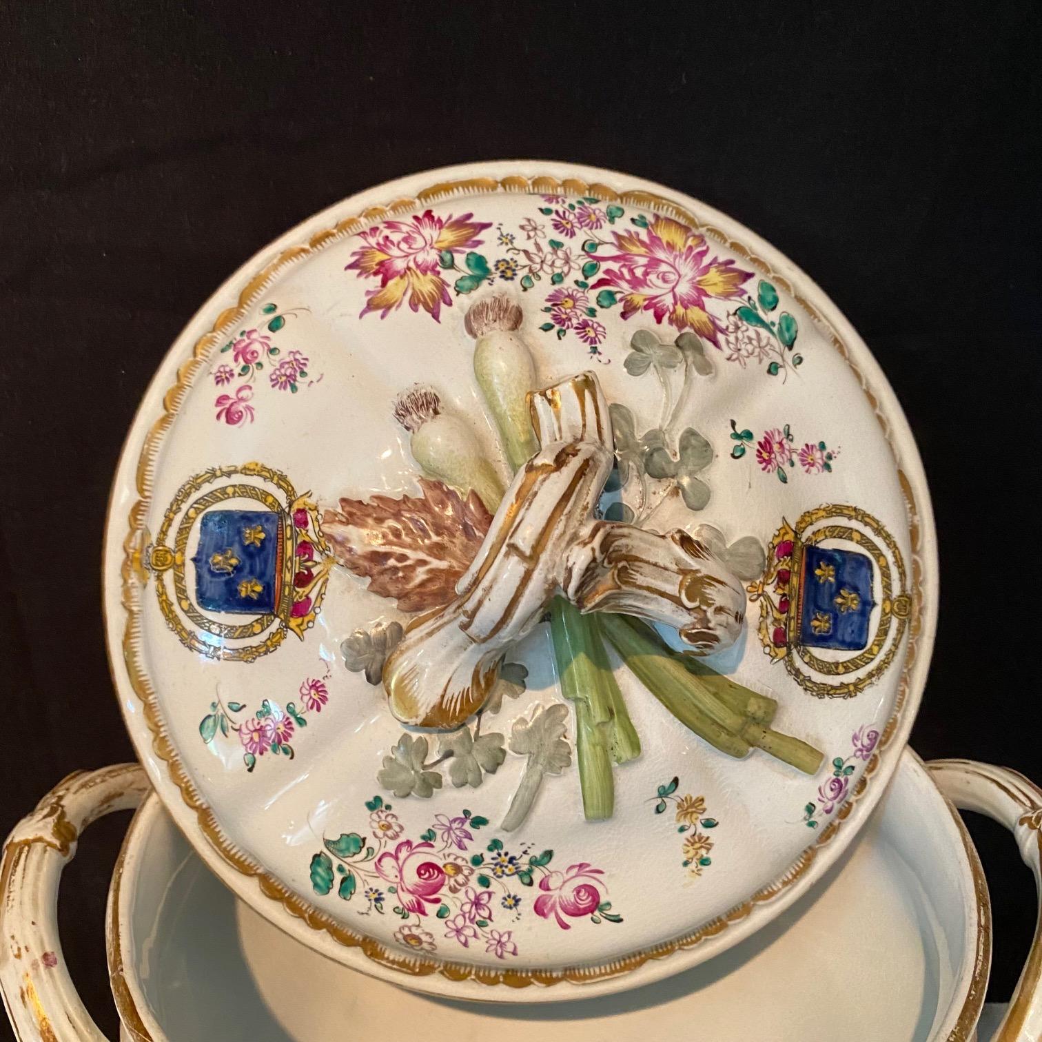 Pair French Hand Painted Faience Porcelain Soup Tureens with Coats of Arms For Sale 1