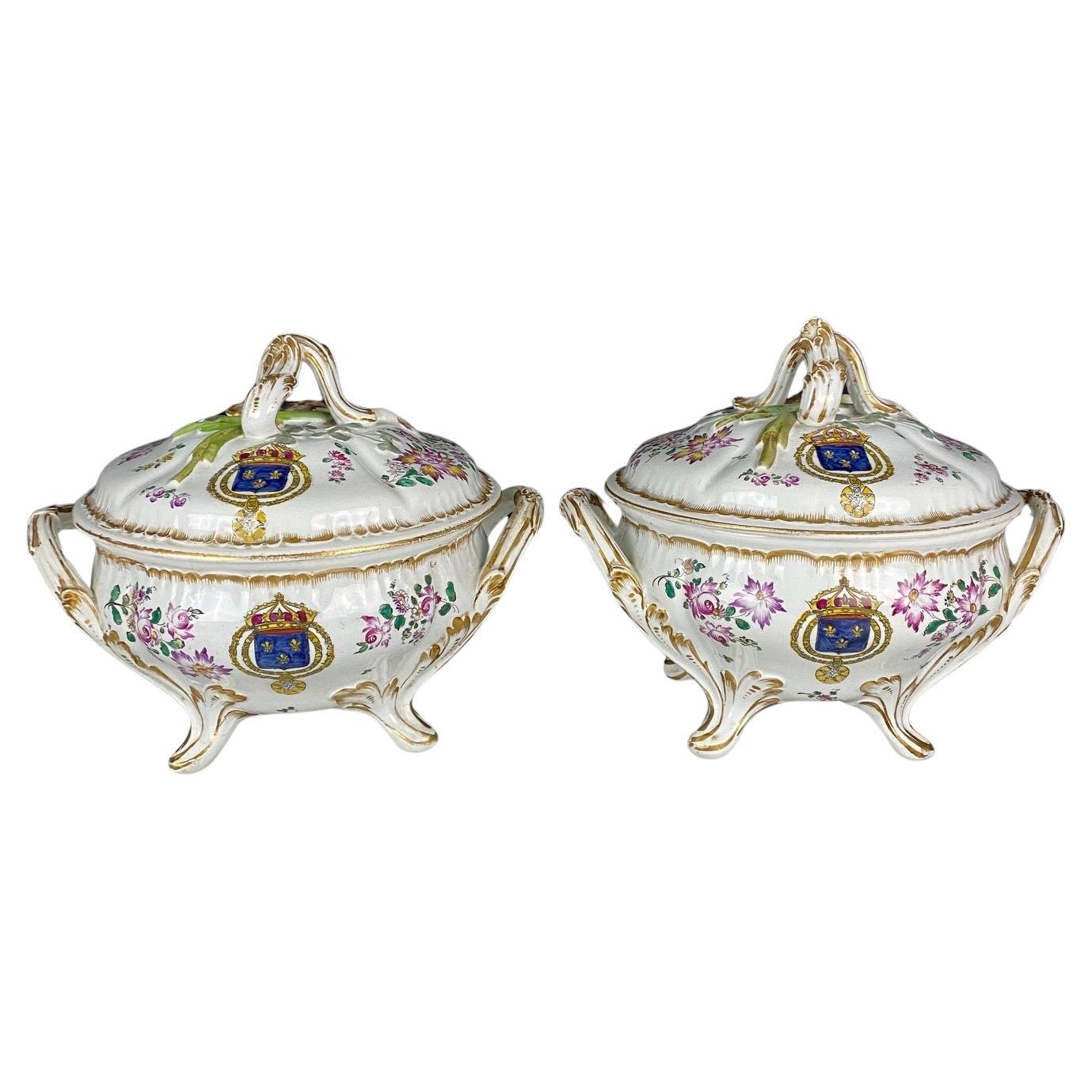 Pair French Hand Painted Faience Porcelain Soup Tureens with Coats of Arms For Sale