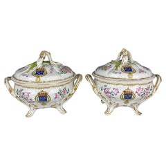 Pair French Hand Painted Faience Porcelain Soup Tureens with Coats of Arms