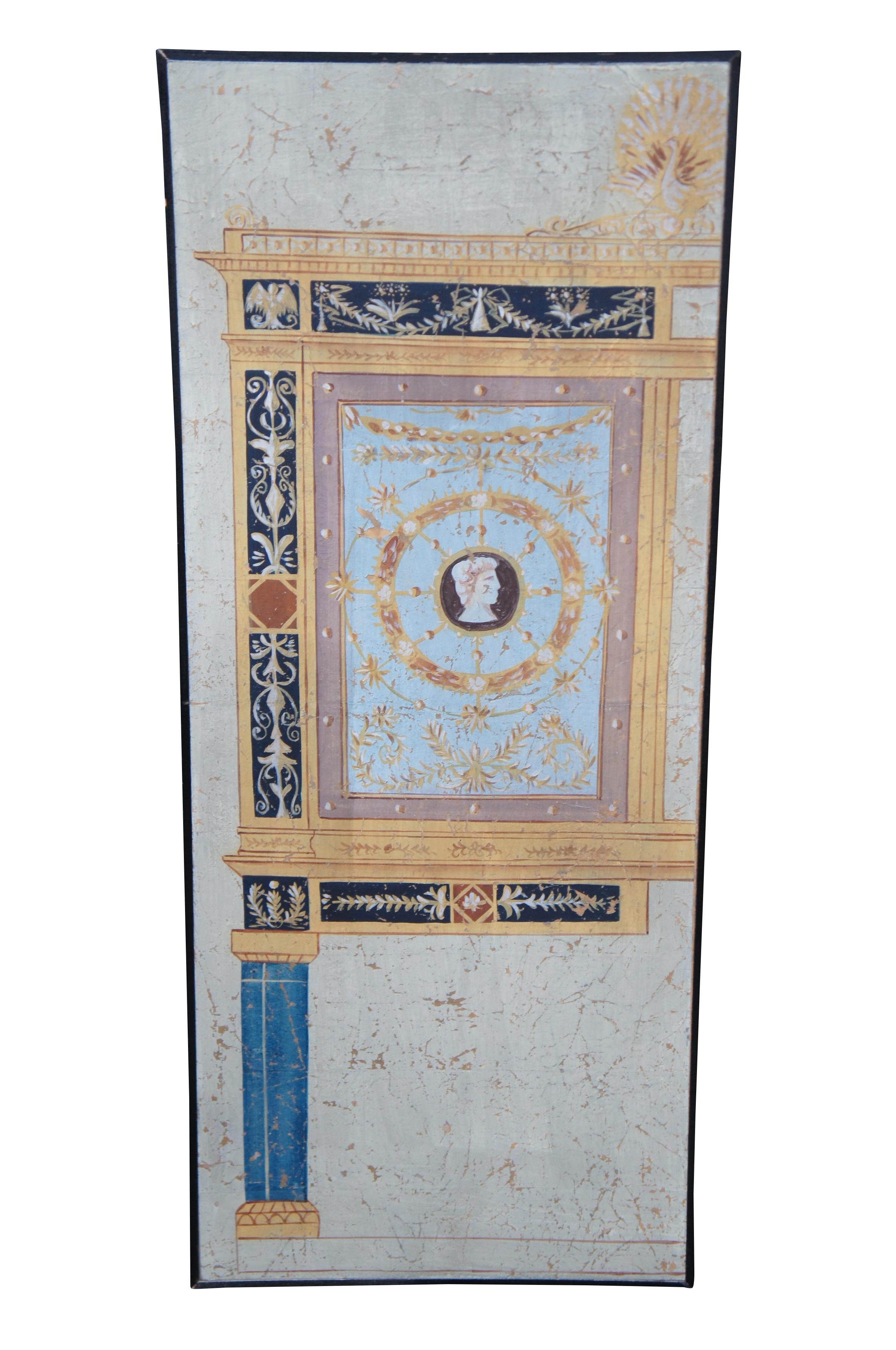 2 Wall hanging Neoclassical Archictural panels, circa last quarter 20th century.  Depicting the interior walls of a temple or residence of royalty. Each is painted on board with a metal clip along the back for hanging  display 

Dimensions:
18
