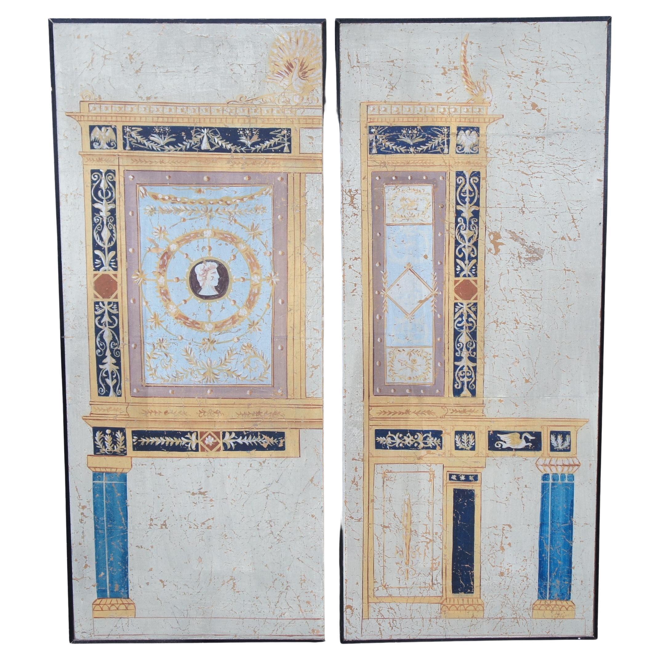 Pair French Hand Painted Neoclassical Wall Hanging Architectural Screen Panels