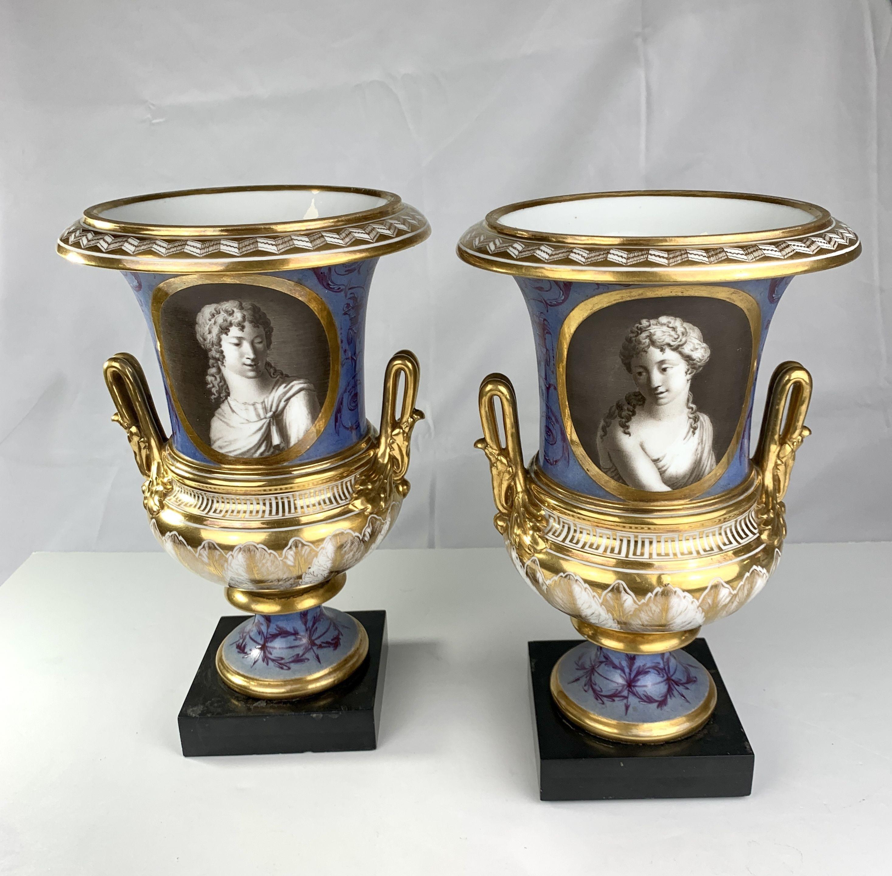 Pair Hand-Painted Vases with Portraits of Roman Figures France Circa 1820 In Excellent Condition In Katonah, NY