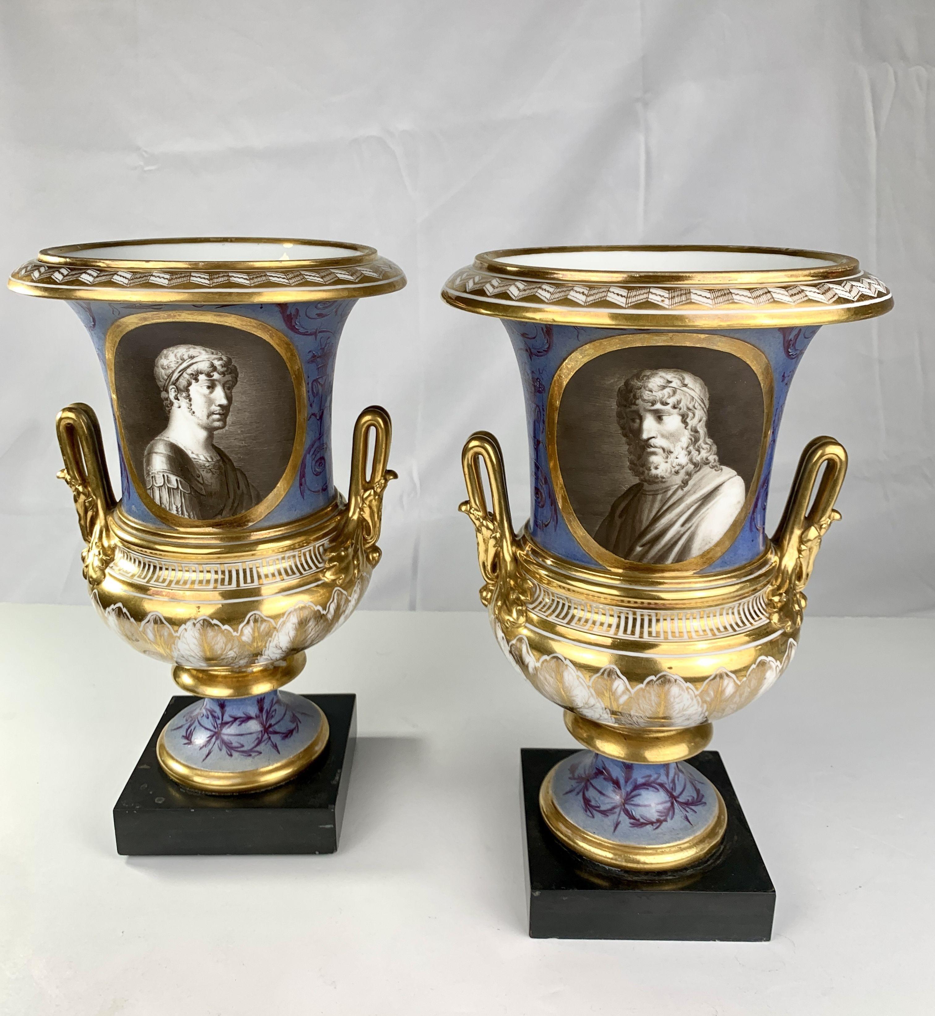 Pair Hand-Painted Vases with Portraits of Roman Figures France Circa 1820 1