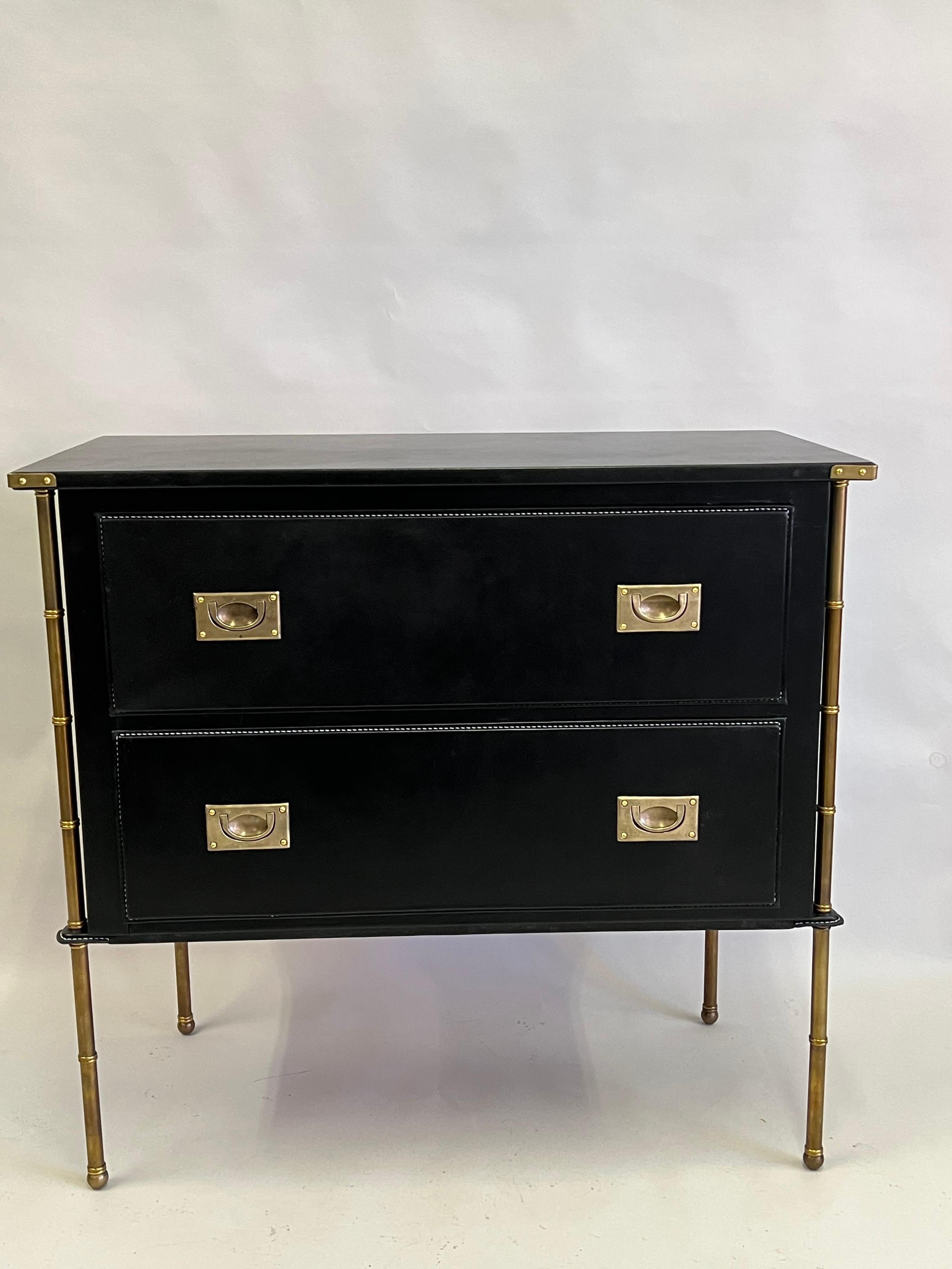 Pair French Hand Stitched Leather & Brass Faux Bamboo Commodes by Jacques Adnet For Sale 4