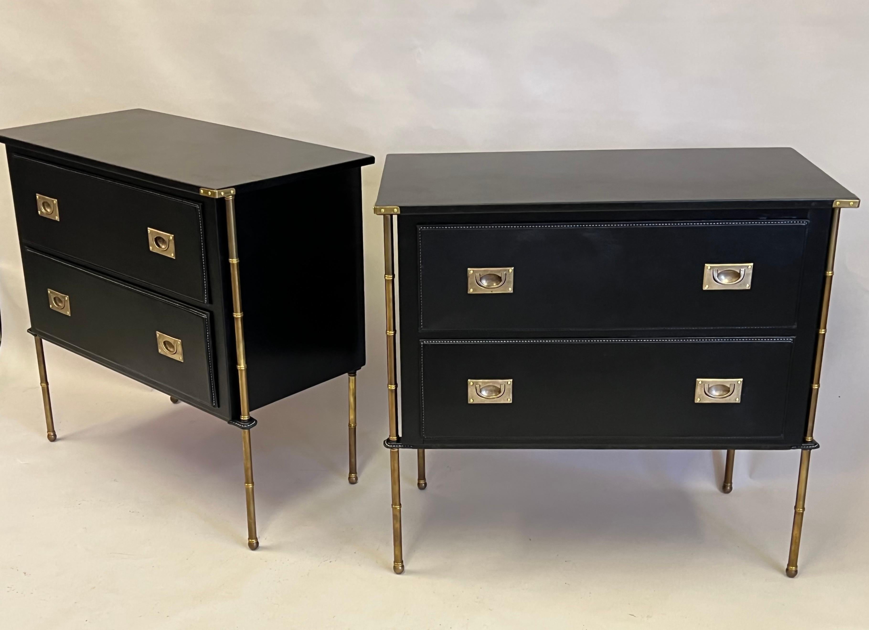 Mid-Century Modern Pair French Hand Stitched Leather & Brass Faux Bamboo Commodes by Jacques Adnet For Sale