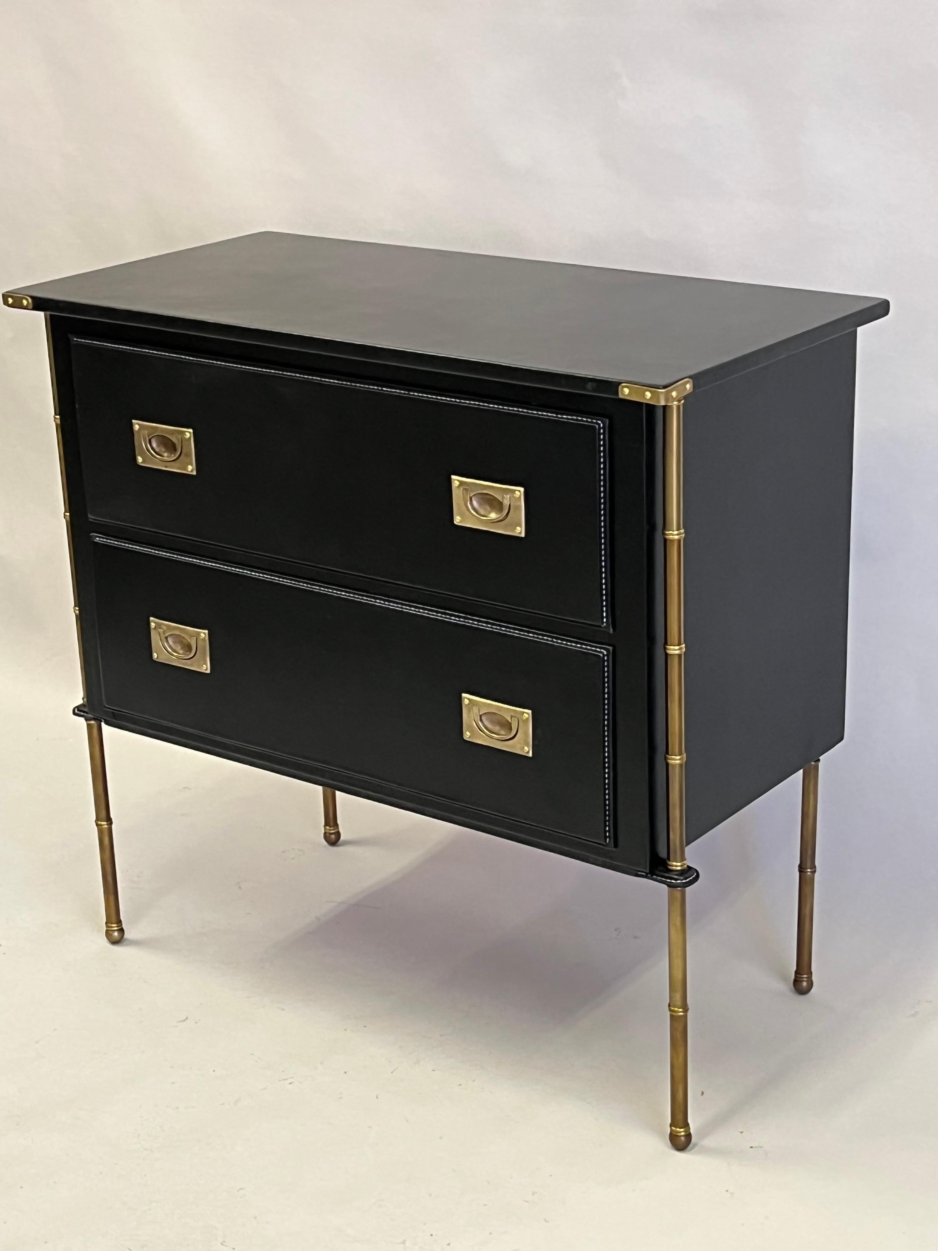 Hand-Crafted Pair French Hand Stitched Leather & Brass Faux Bamboo Commodes by Jacques Adnet For Sale