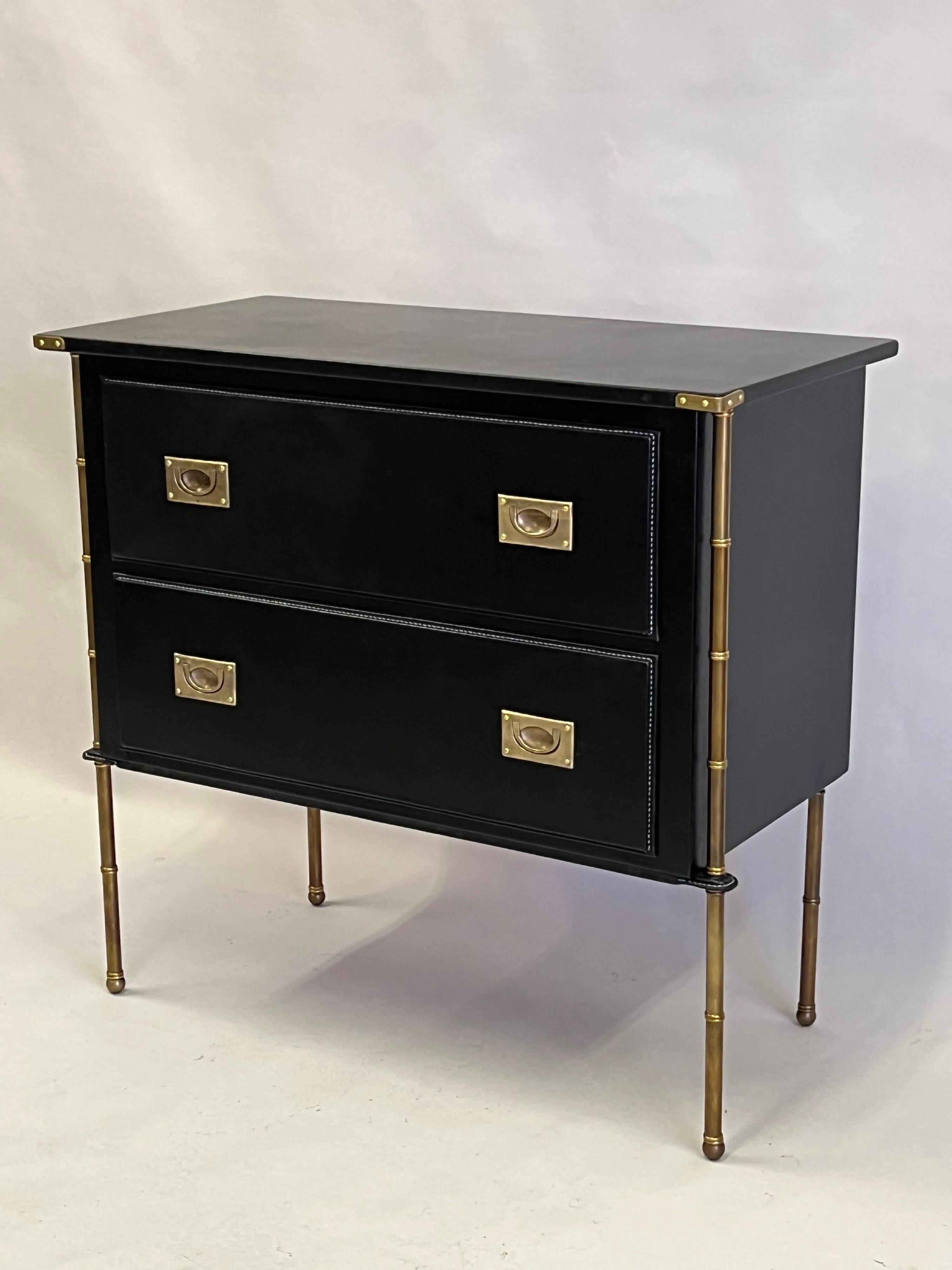 Pair French Hand Stitched Leather & Brass Faux Bamboo Commodes by Jacques Adnet In Good Condition For Sale In New York, NY