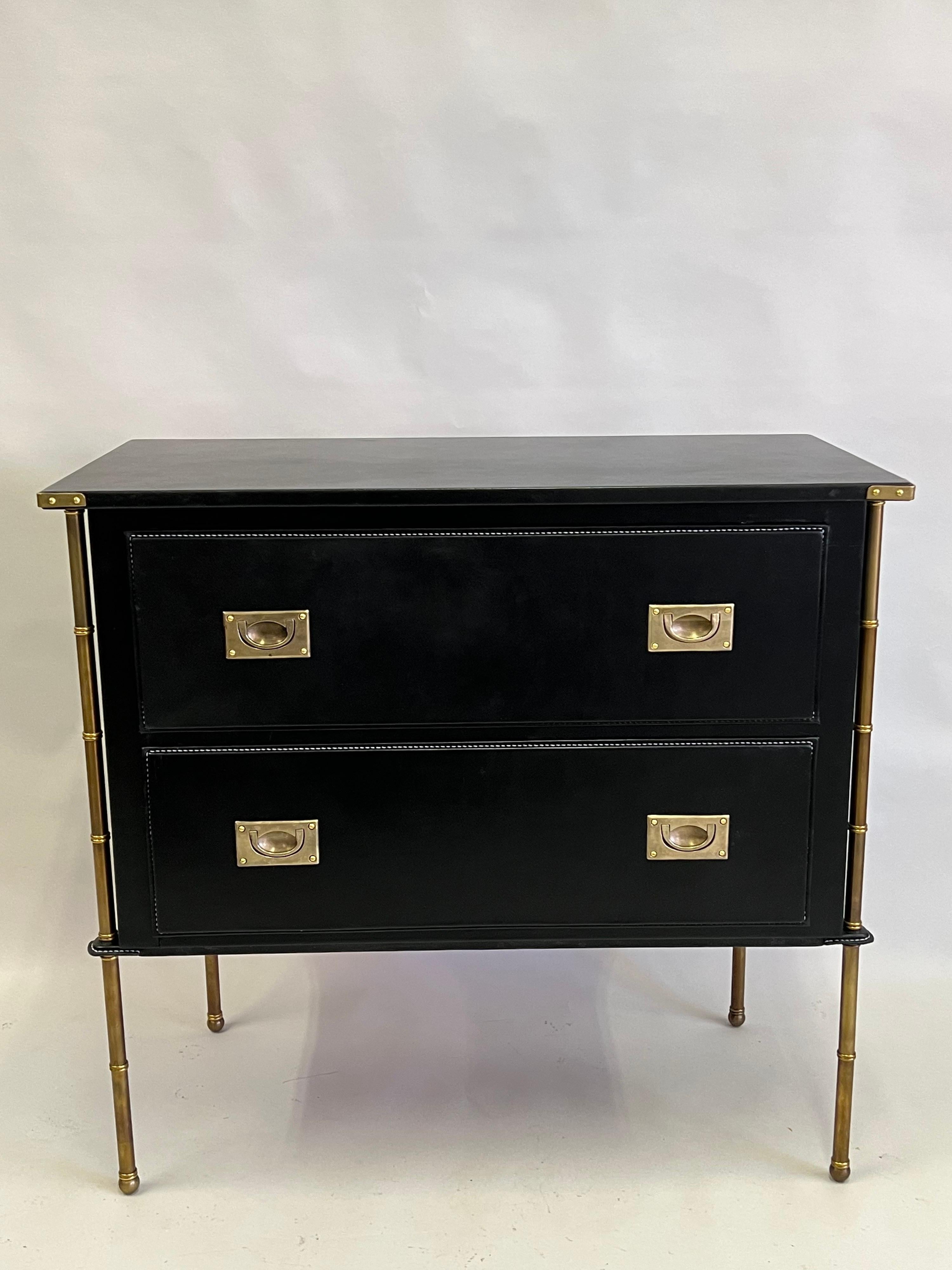 Pair French Hand Stitched Leather & Brass Faux Bamboo Commodes by Jacques Adnet For Sale 2