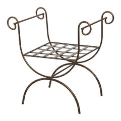 Pair French Hollywood Regency Curule Iron Stools & Green Cushions, 1920s