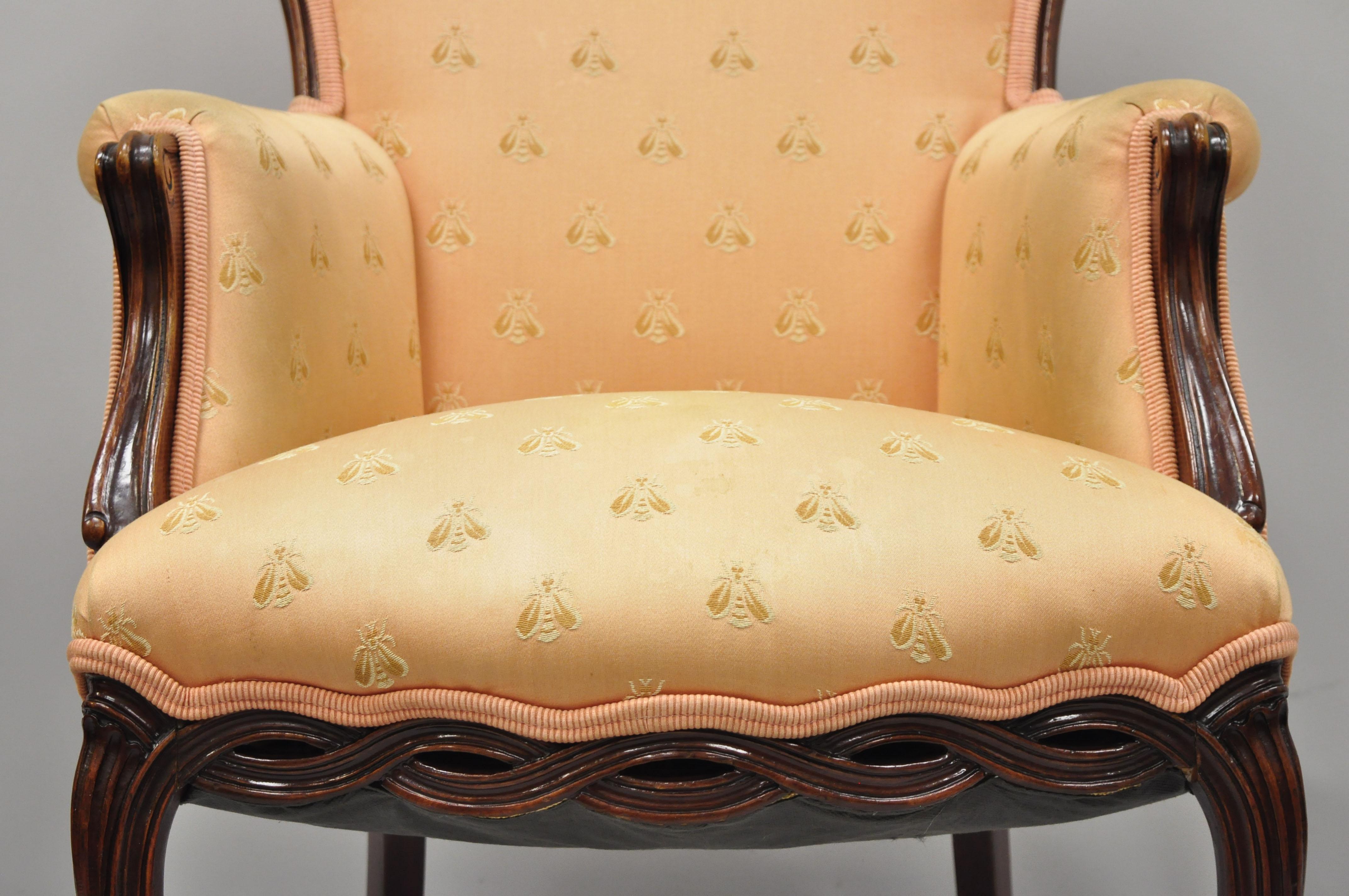 Pair of French Hollywood Regency Victorian Upholstered Fireside Lounge Armchairs In Good Condition In Philadelphia, PA
