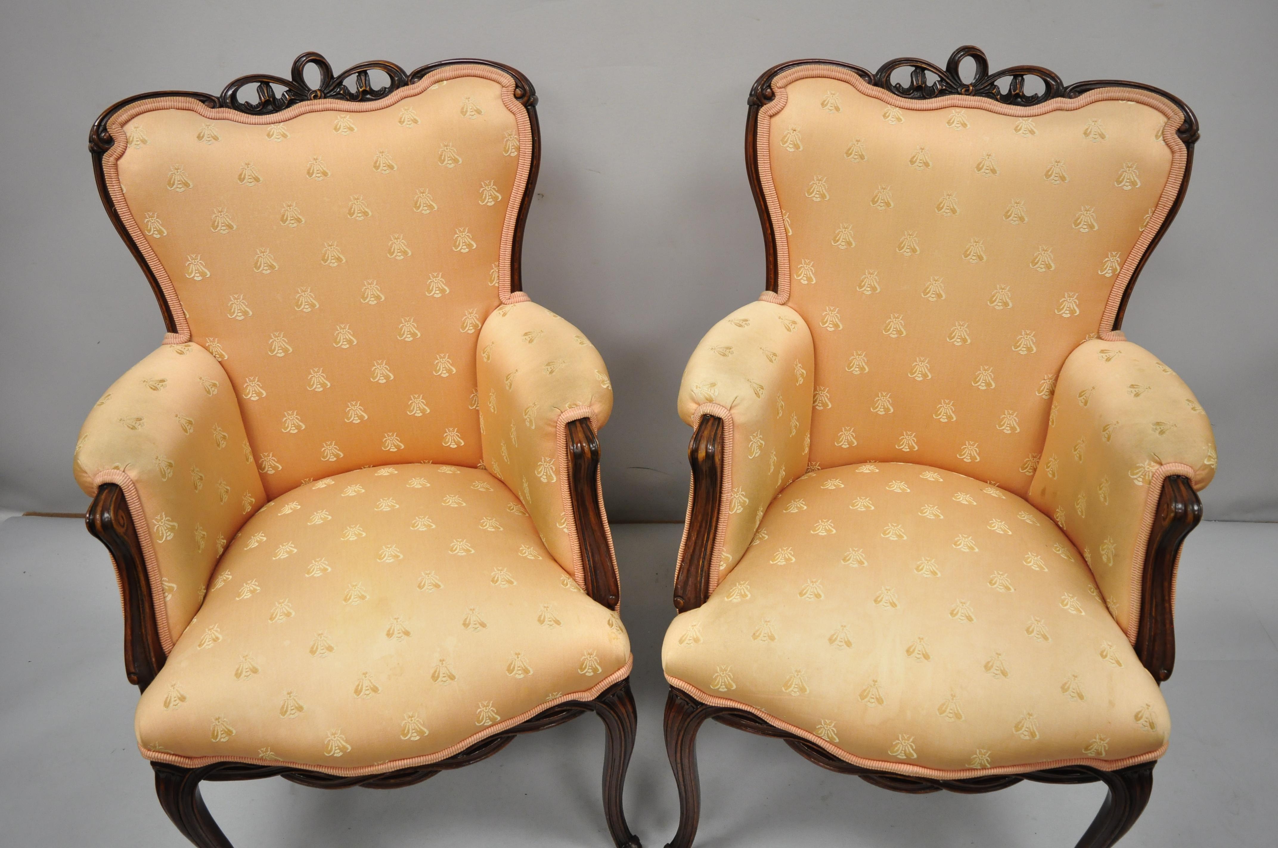 20th Century Pair of French Hollywood Regency Victorian Upholstered Fireside Lounge Armchairs