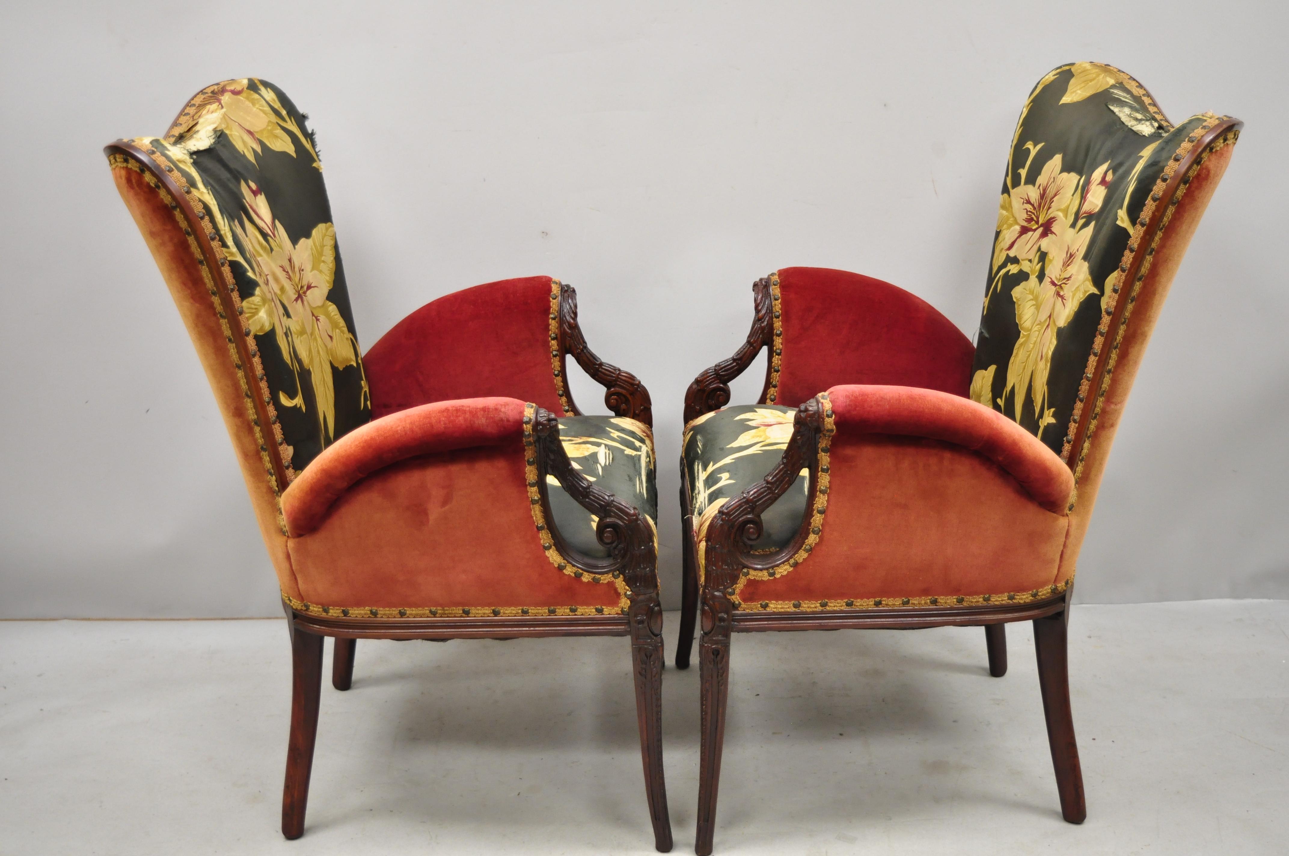 Pair of French Hollywood Regency Wingback Grosfeld House Style Lounge Armchairs 4