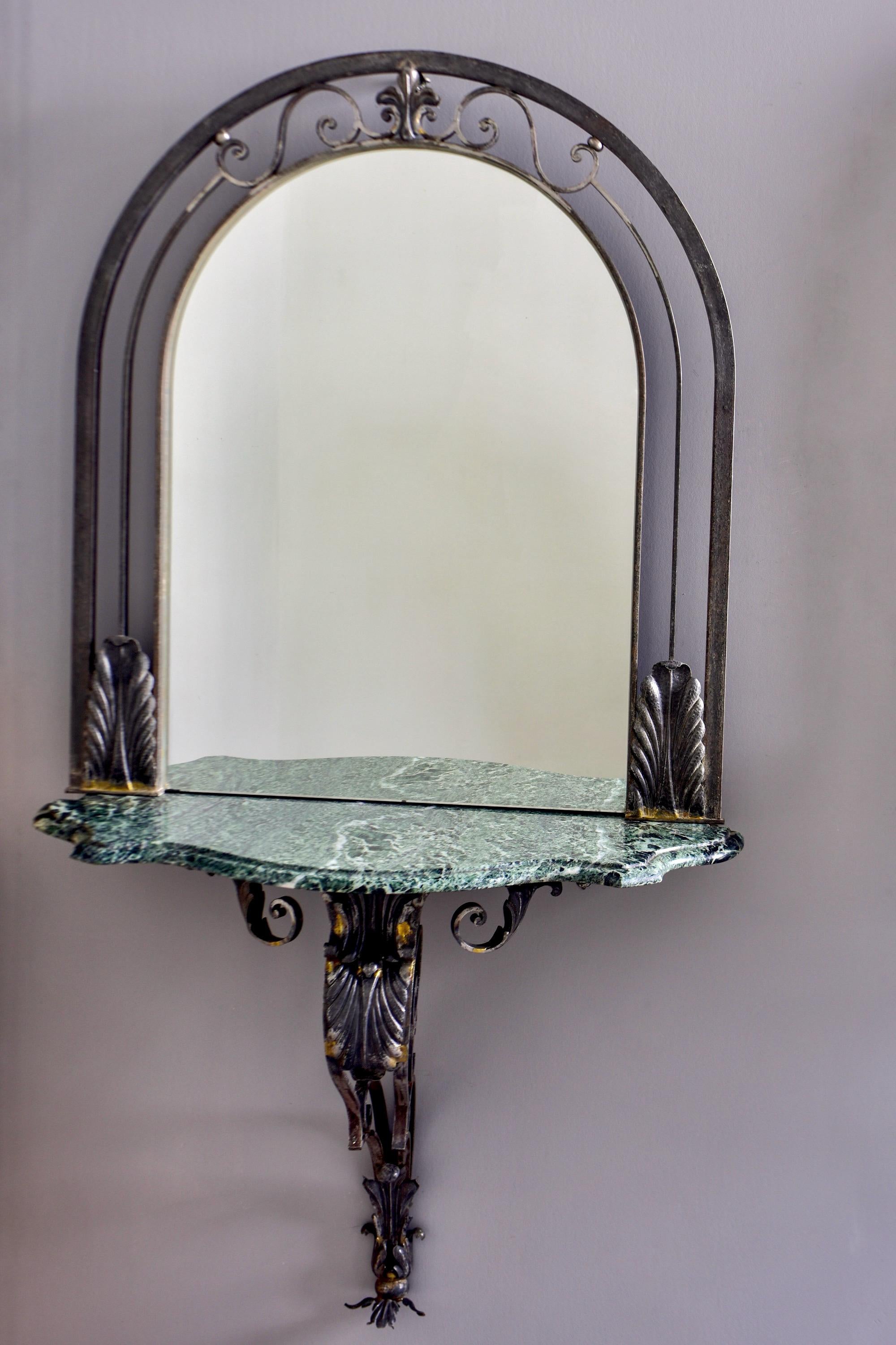 Pair French Iron Marble-Topped Wall Consoles with Mirrors In Good Condition For Sale In Troy, MI